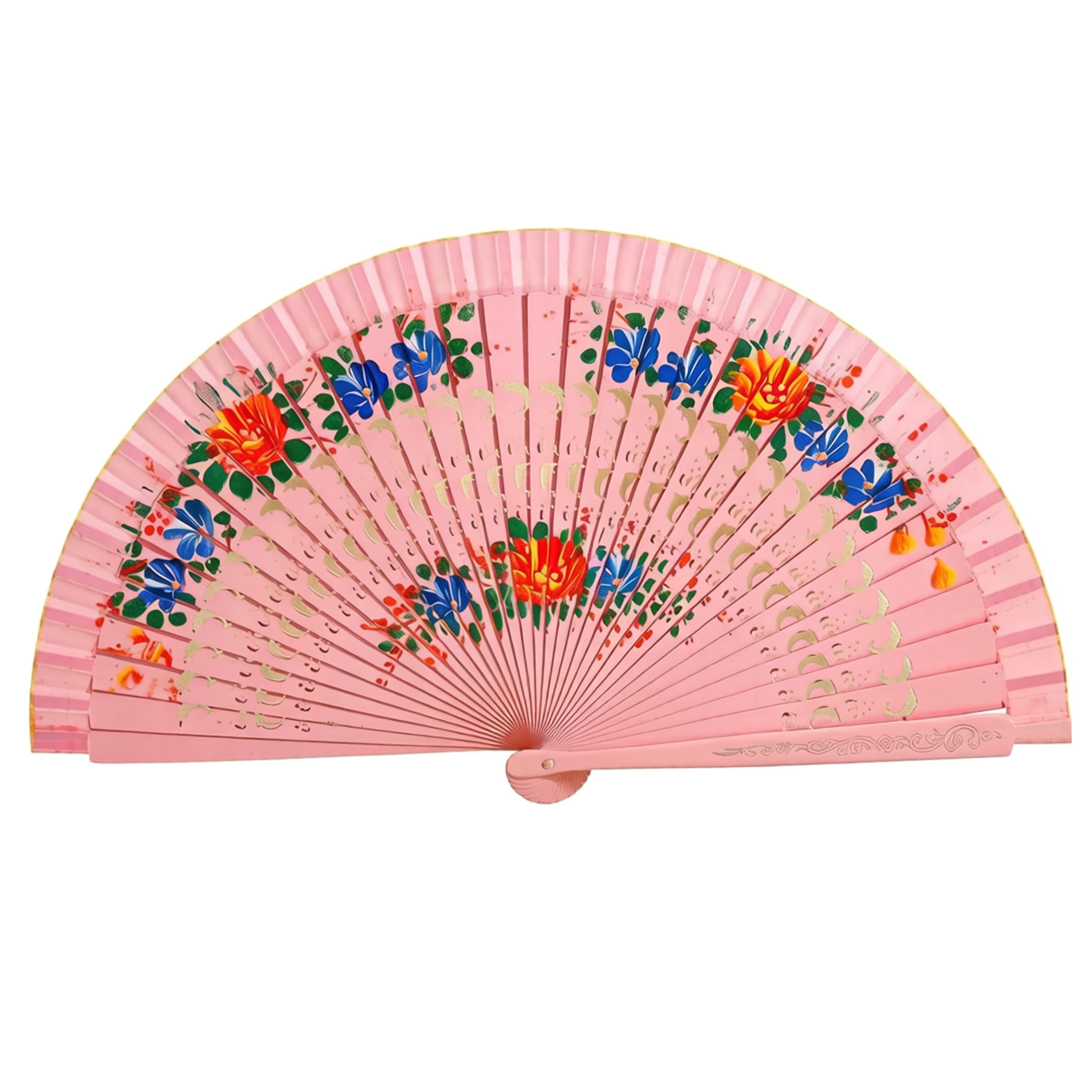Uanqfegy Elegant Spanish Fan, Double Sided Hand Painted Florals Wooden Hand Fan For Performances And Decoration
