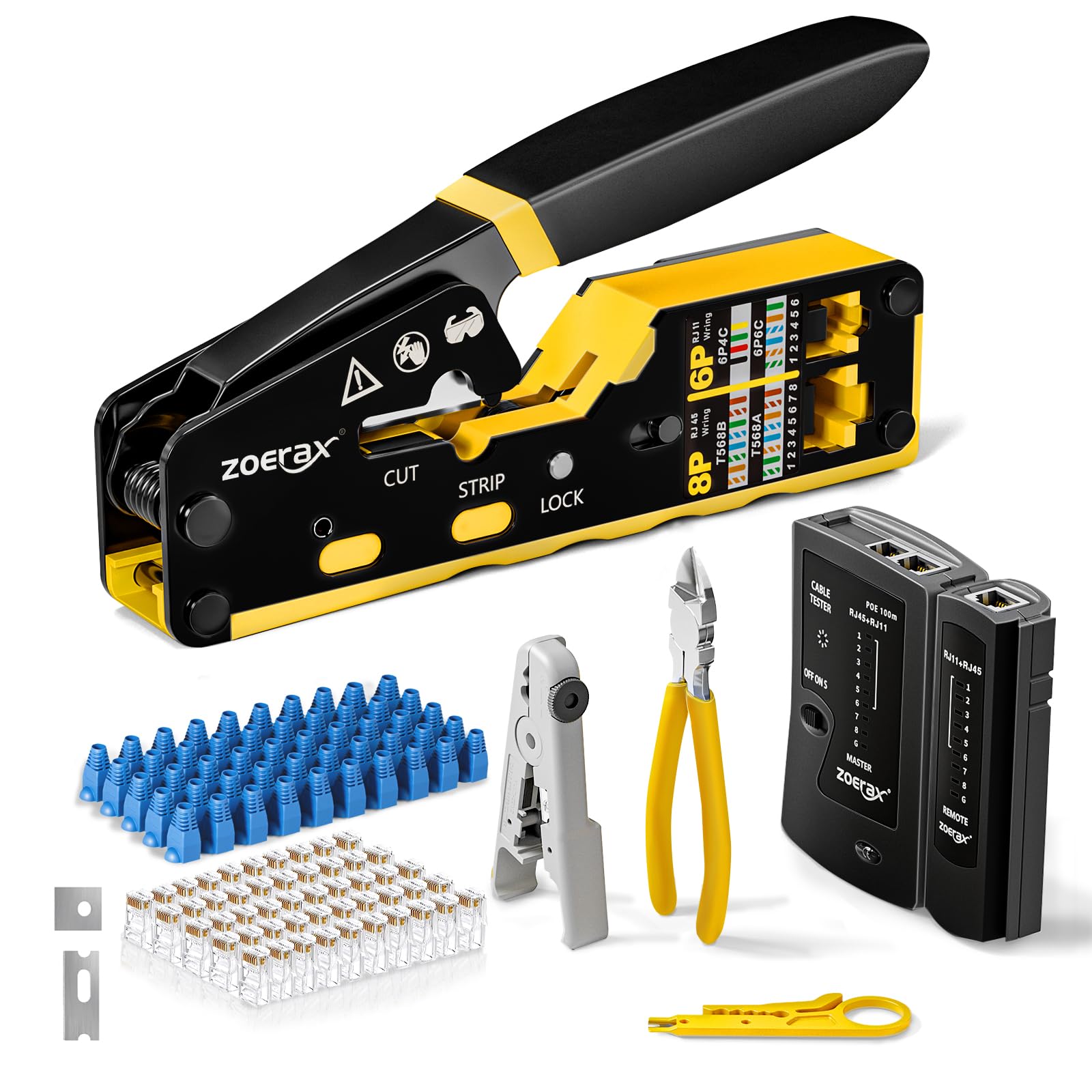 Ethernet Crimping Tool Kit RJ45 Crimp Tools,CAT5 Cat5e Cat6 RJ45 Crimping Tool Kit With Cable Tester, Multiply Stripper, Blades,50Pcs Cat 6 Pass Through Connectors and Strain Relief Boots