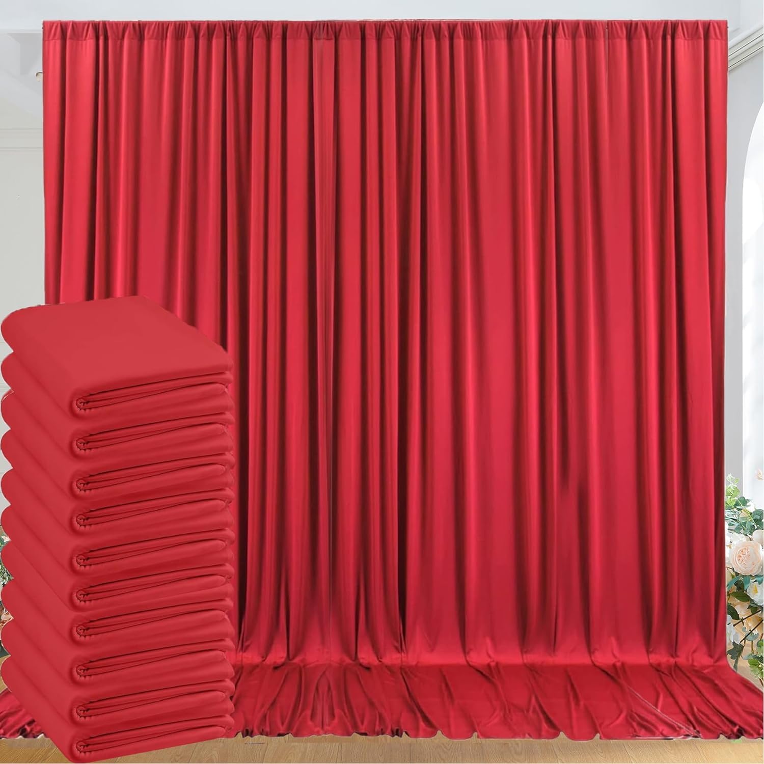 50ft x 10ft Wrinkle Free Red Backdrop Curtains for Parties, Polyester Photo Backdrop Drapes 10 Panels 5x10ft for Weddings Birthday Party Christmas Photography Background