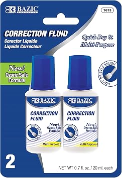 BAZIC Products Correction Fluid, 0.7 fl oz, Brush Applicator, 2 Count, Fast-Dry White Formula, for School Office Edits