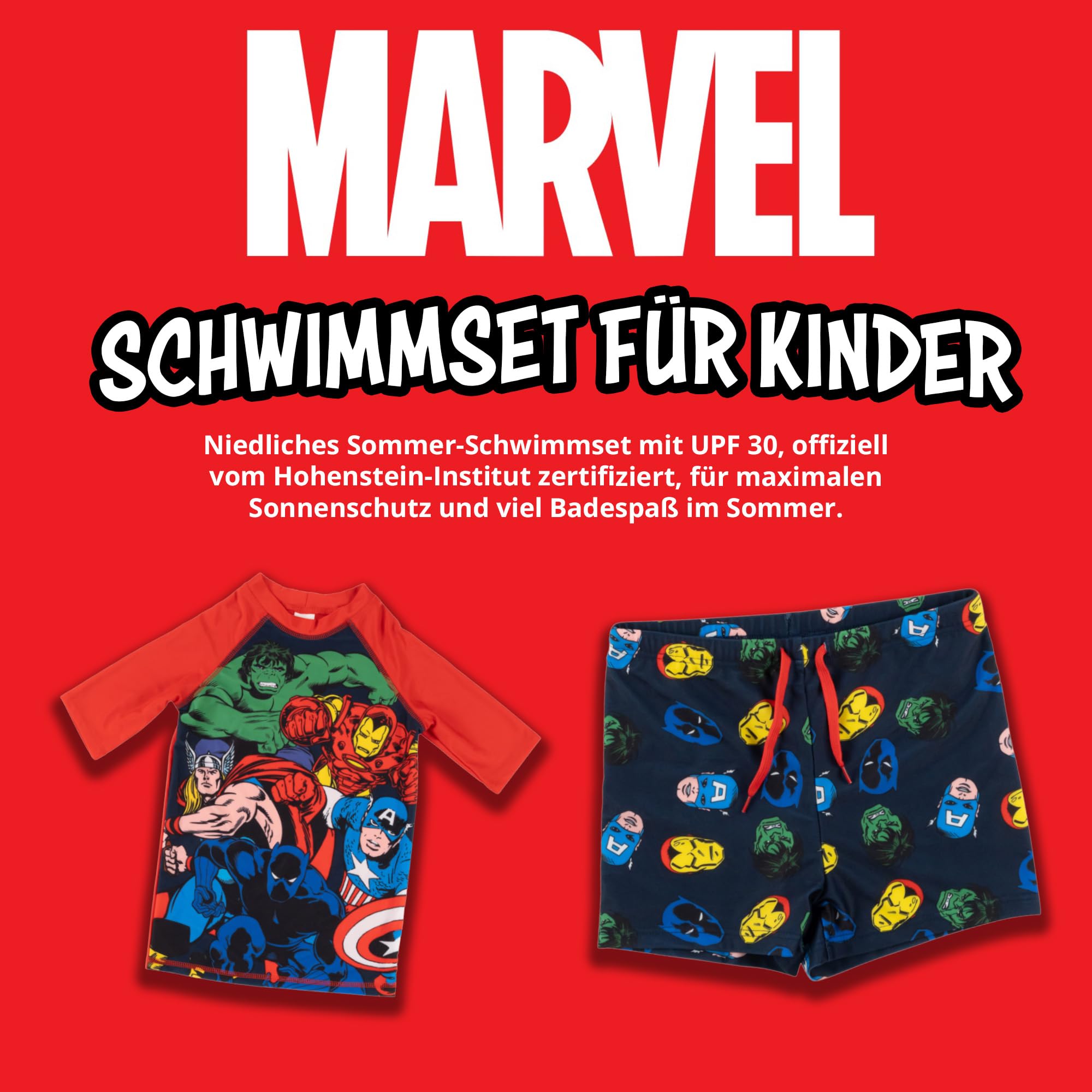 United Labels Marvel Avengers Maillot de bain 2 pièces pour garçon, protection UV 30, bleu et rouge, maillot de bain pour enfant avec t-shirt et maillot de bain