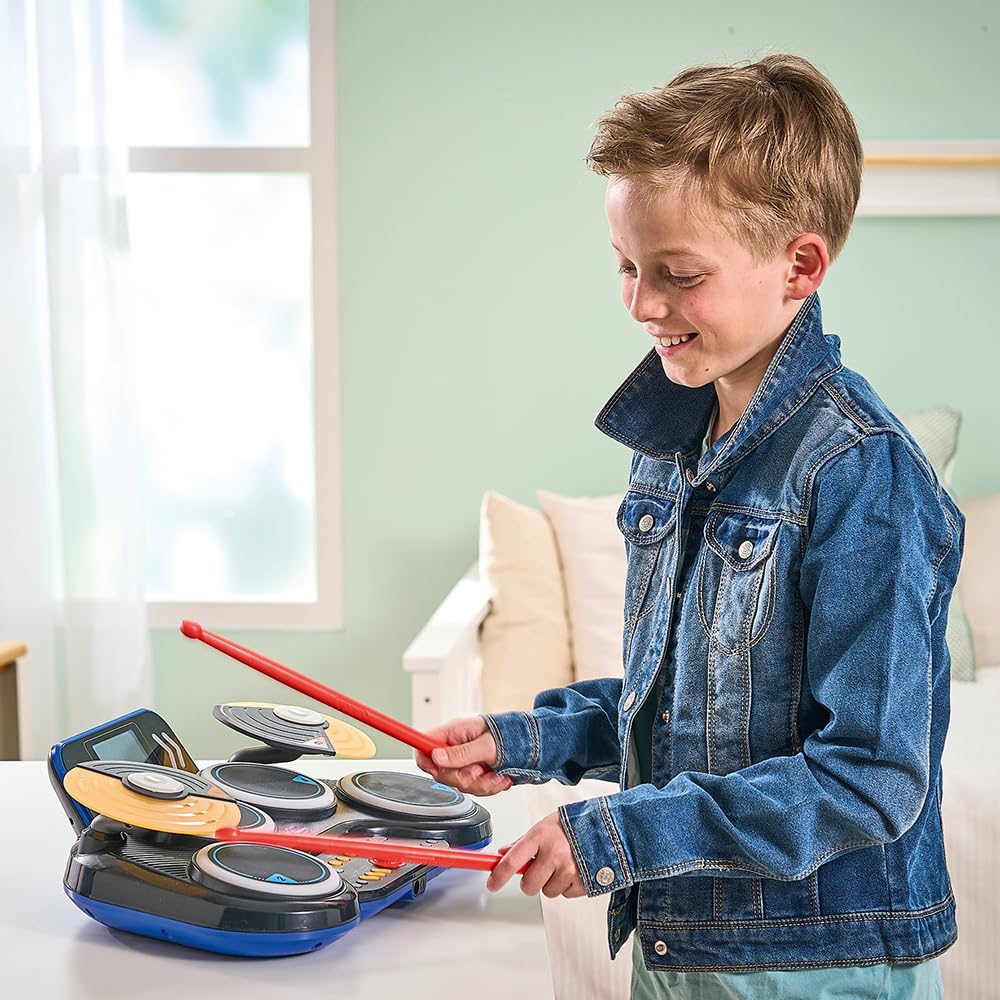 VTech - Kidi DJ Drums, Batería electrónica para niños 10 en 1 con Pads iluminados, platillos, Baquetas, Bluetooth, Aprendizaje y Juegos, Regalo niños +6 años, Versión en Español