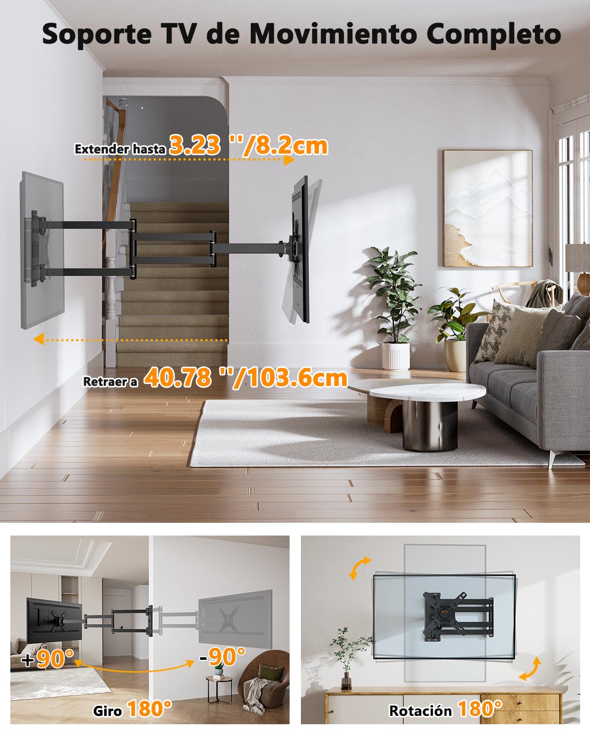 Soporte TV Pared con 1036mm Brazo Articulado para Pantallas Planas y Curvas de 13-43 Pulgadas, Soporte Pared TV Inclinable y Giratorio con 180° Rotación de Movimiento Completo, VESA 200x200mm
