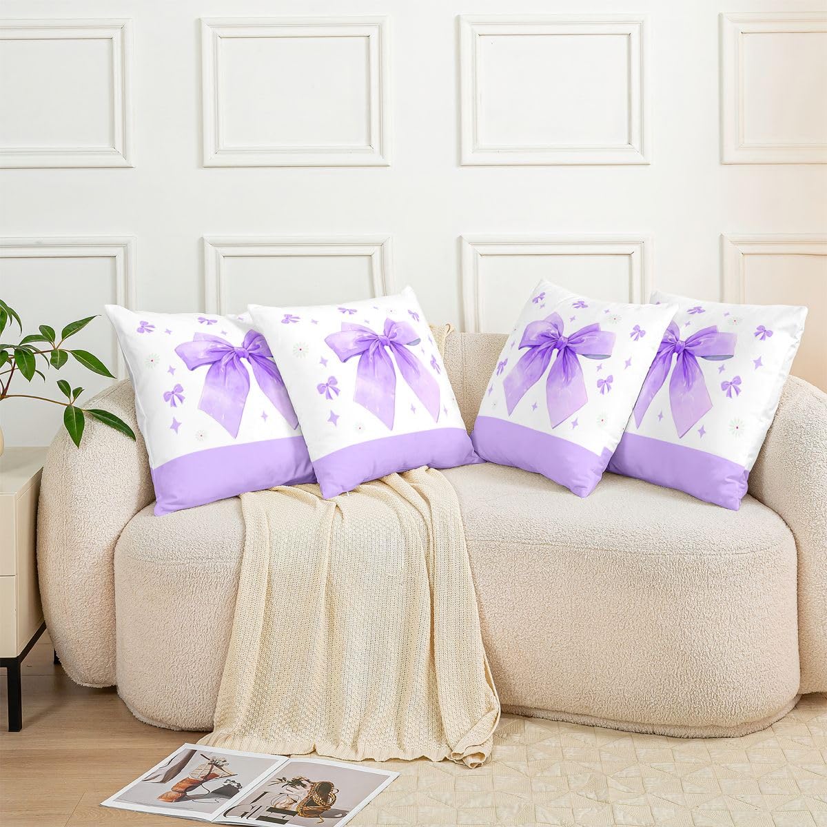 Homemissing Juego de 4 fundas de almohada decorativas con lazo, fundas de cojín kawaii para sofá, cama, bonito lazo dorado, decoración del hogar, 45 x 45 cm
