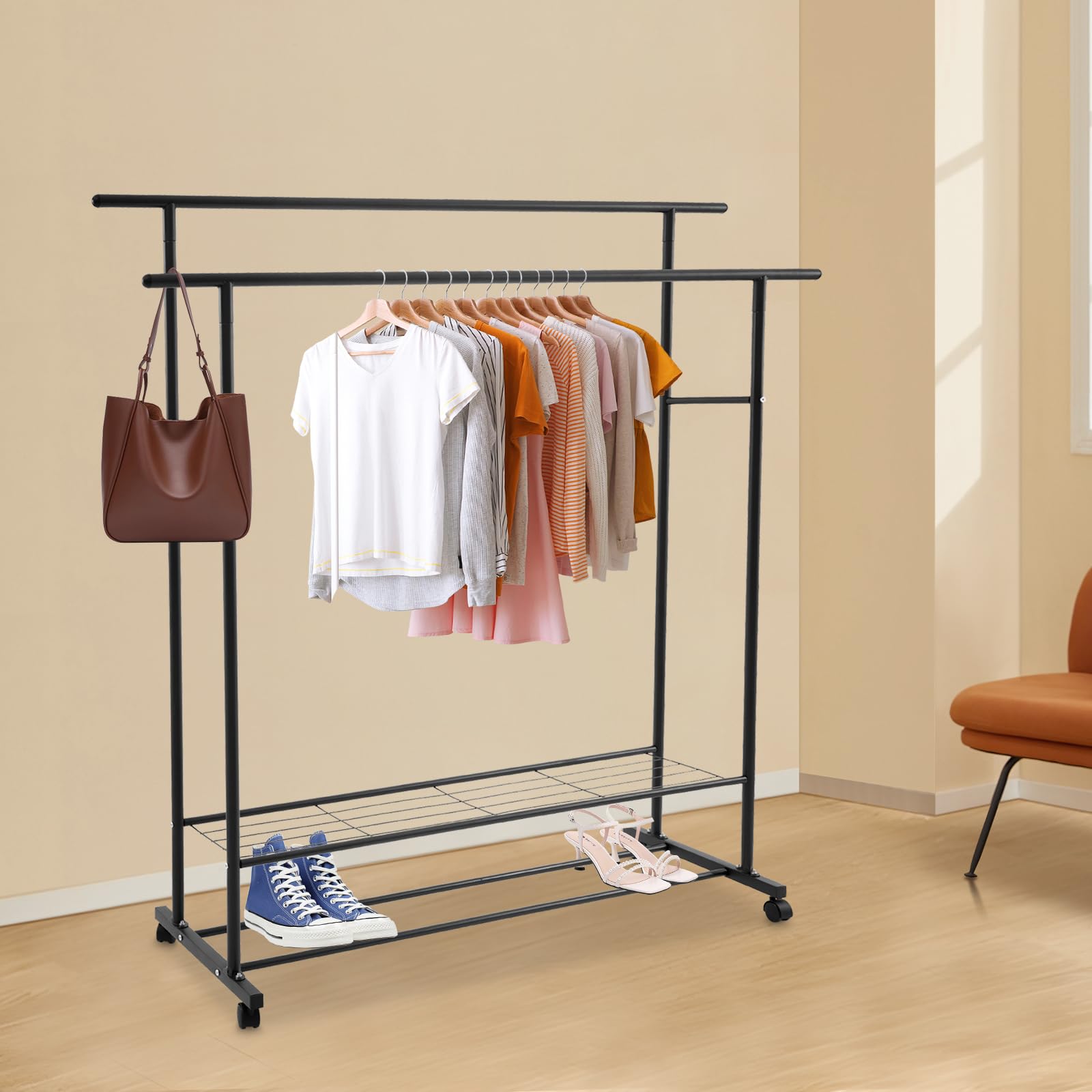 Perchero con ruedas para colgar ropa, perchero con ruedas, de hierro y plástico, perchero portátil con estantes, para ropa, bufandas, sombreros, bolsos (negro)