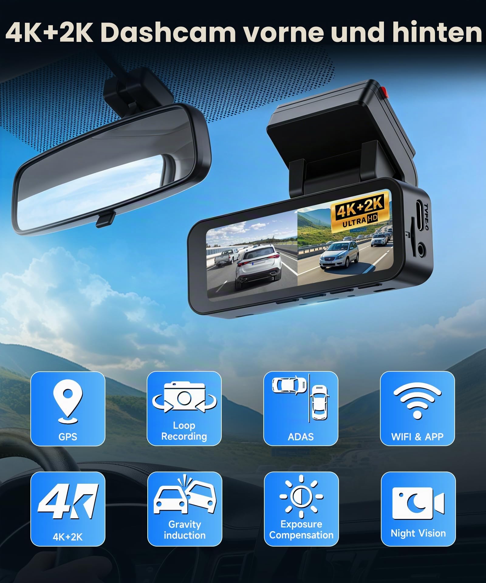 VECHTEL 4K+2K Dashcam Auto Vorne Hinten mit 5.8G+2.4G WiFi,2*Dash Cam 1080P Auto Kamera mit 3.16-Zoll IPS Bildschirm,24H Parküberwachung,Nachtsicht,G Sensor,mit 64GB