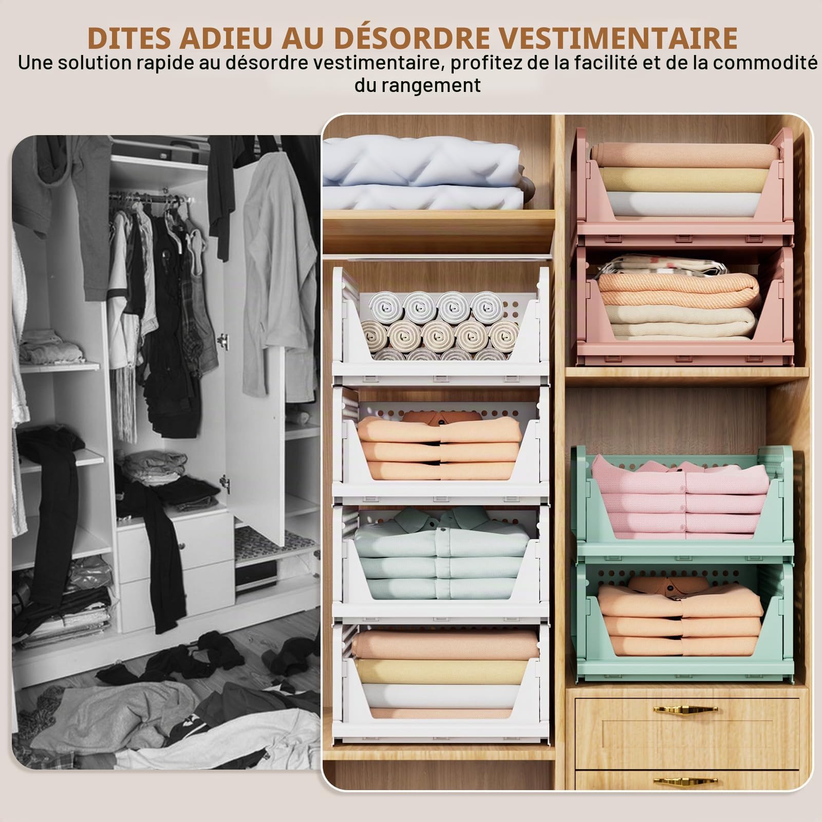 SNSLXH Lot de 8 boîtes de rangement empilables pour placard, multifonctionnelles et pliables pour salle de bain, cuisine, buanderie, armoire, rangement peu encombrant, blanc