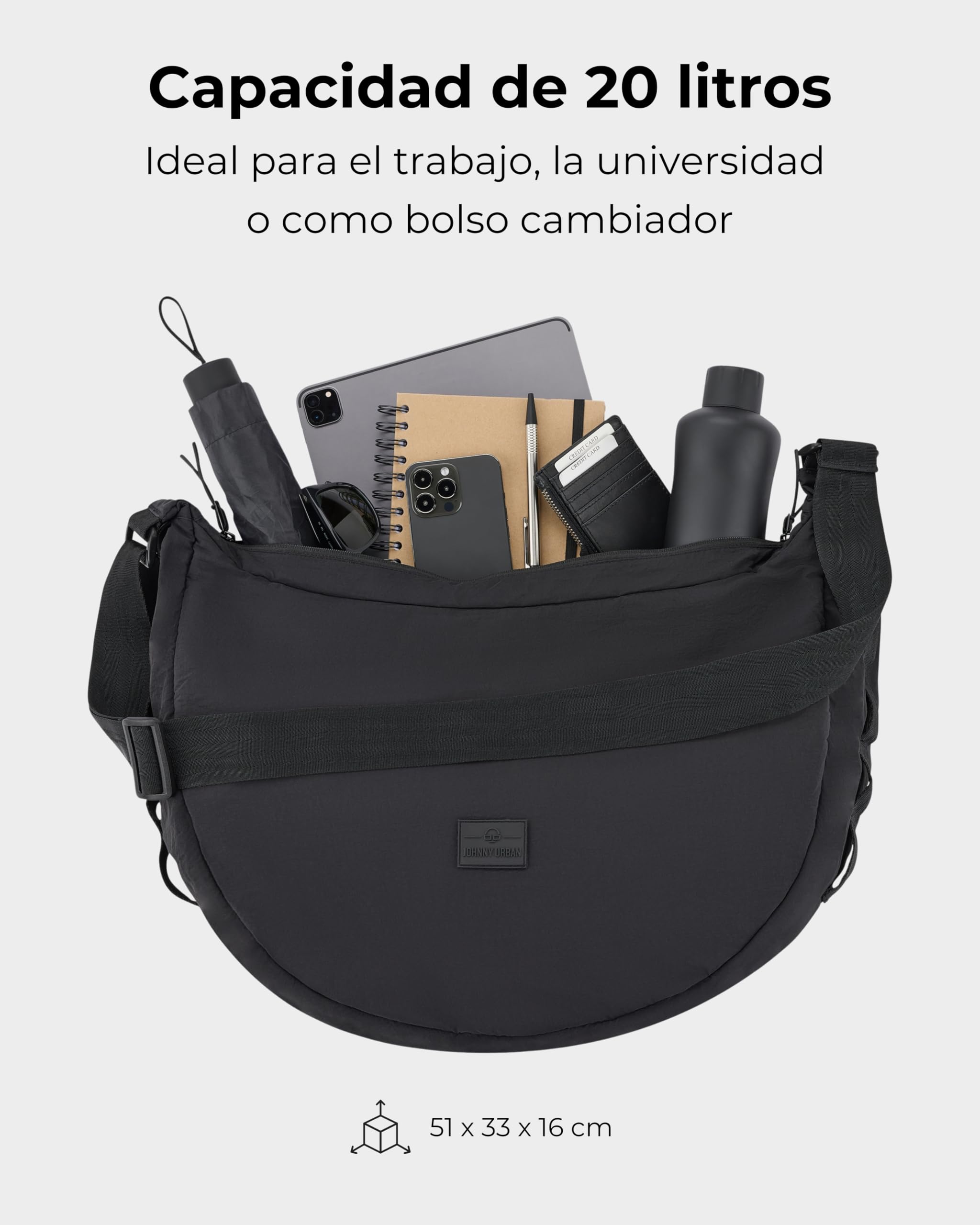 Johnny Urban Bolso Bandolera Mujer Hombres Negro - Kaia XL - Puffer Moon Bag - Bolso Riñonera de Media Luna - Correa Ajustable - Repelente al agua