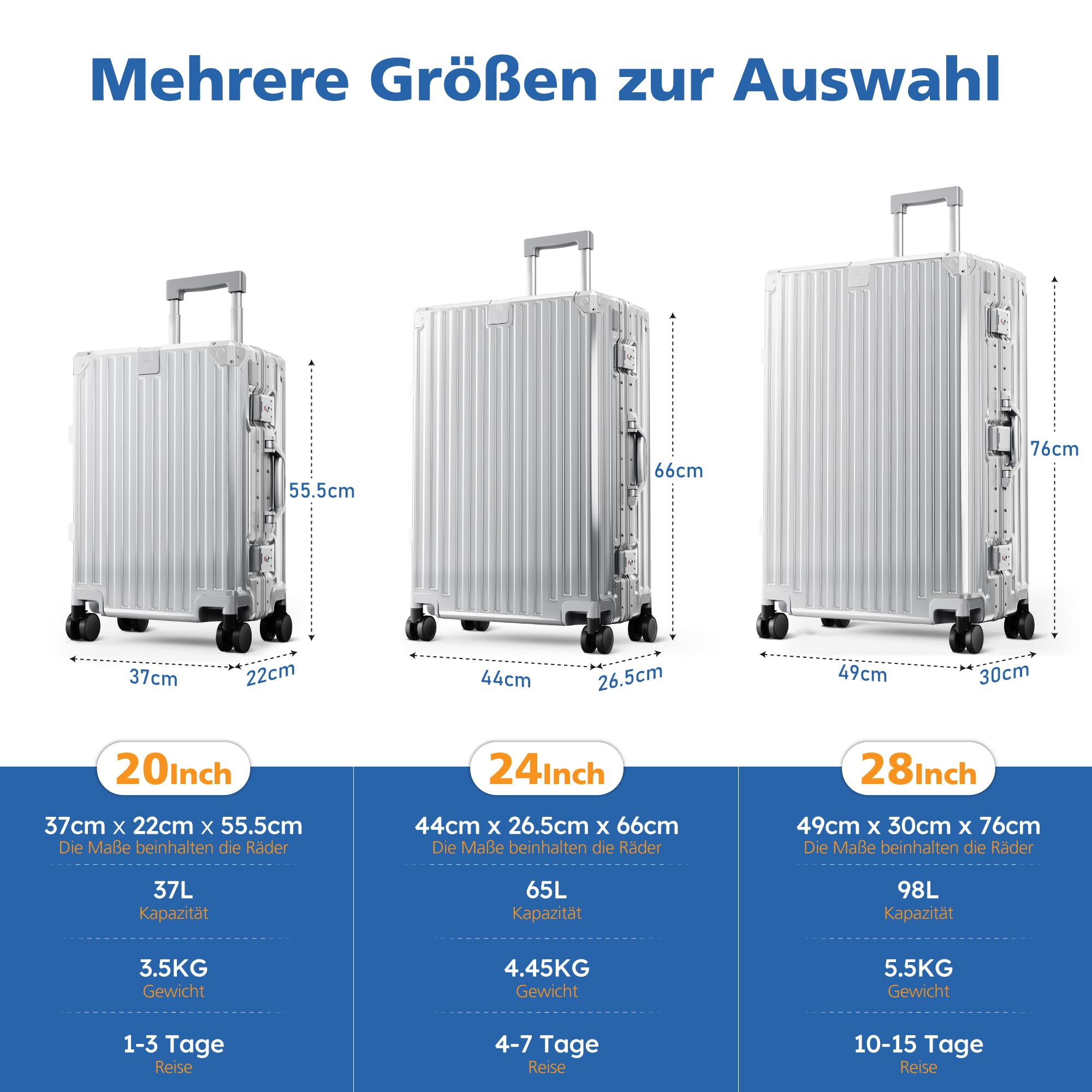 ALPHA CAMP Koffer Größe XL Reisekoffer Leicht Hartschalenkoffer Polycarbonat 98L Luggage Suitcase mit Rollen TSA Schloss & Aluminium Rahmen Handgepäck 49 * 30 * 76cm Silber
