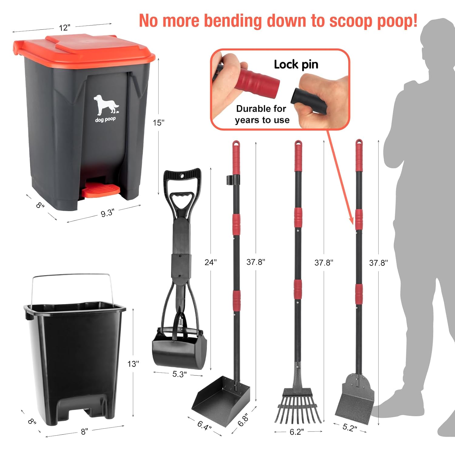 Dog Pooper Scooper, 7Pcs Set Poop Trash Can with Removable Inner Bucket, Long Handle Tray & Rake, 60 Waste Bags, Dog Waste Large Bin Waterproof for Outdoor, Backyard, Garden