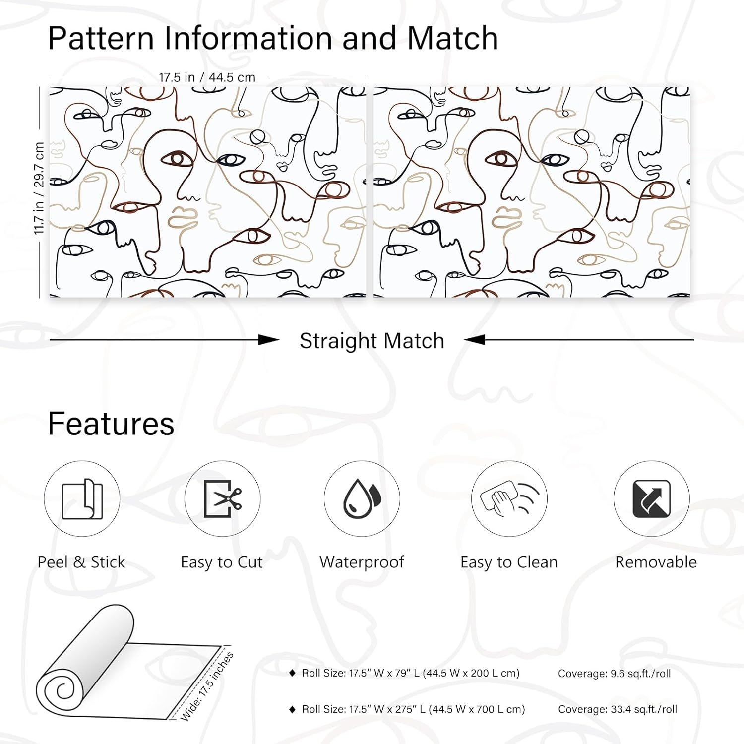 LaCheery 17.5"x275" Abstract Face Peel and Stick Wallpaper Modern Face Line Pattern Minimalist Abstract Wallpaper for Bedroom Wall Paper Self Adhesive Removable Contact Paper for Walls Waterproof Roll
