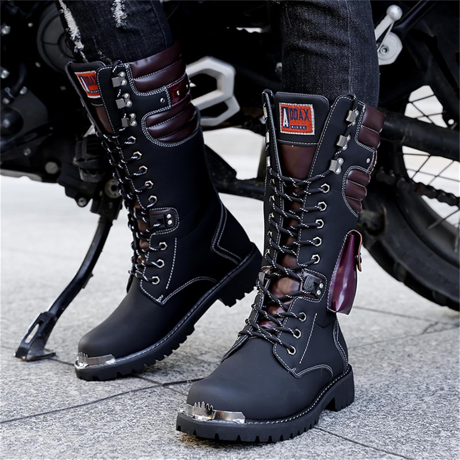 Men's Leather High Top Lace Up Motorcycle Boots Mid-Calf Military Tactical Combat Boot Buckle British Metal Biker Riding Punk Rock Backpacking Shoes