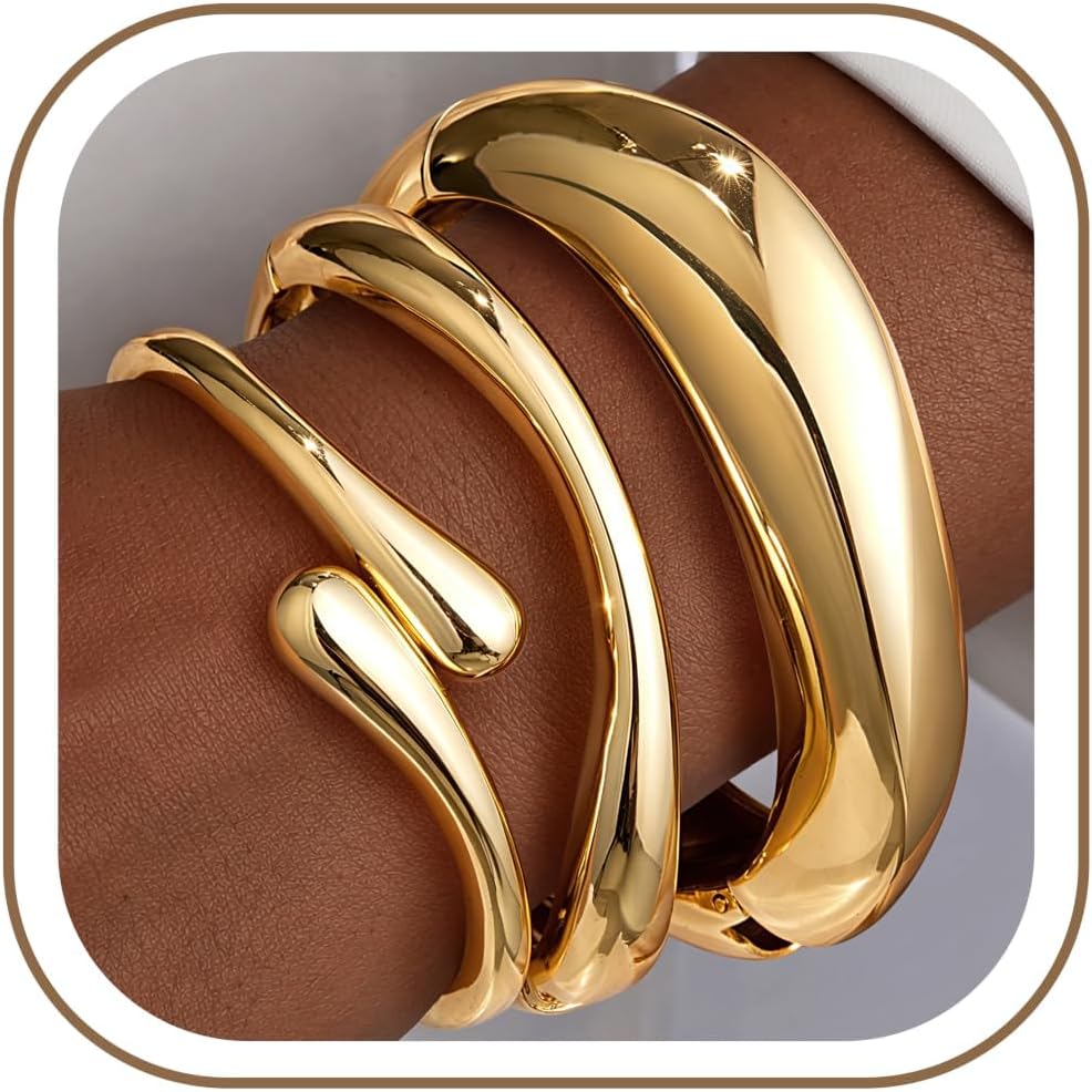 Chunky Gold Bangle Bracelets for Women, 14K Gold Plated Big Stackable Cuff Bracelet Set, Dainty Thick Dome Teardrop Bangles, Trendy Statement Jewelry Fashion Accessories