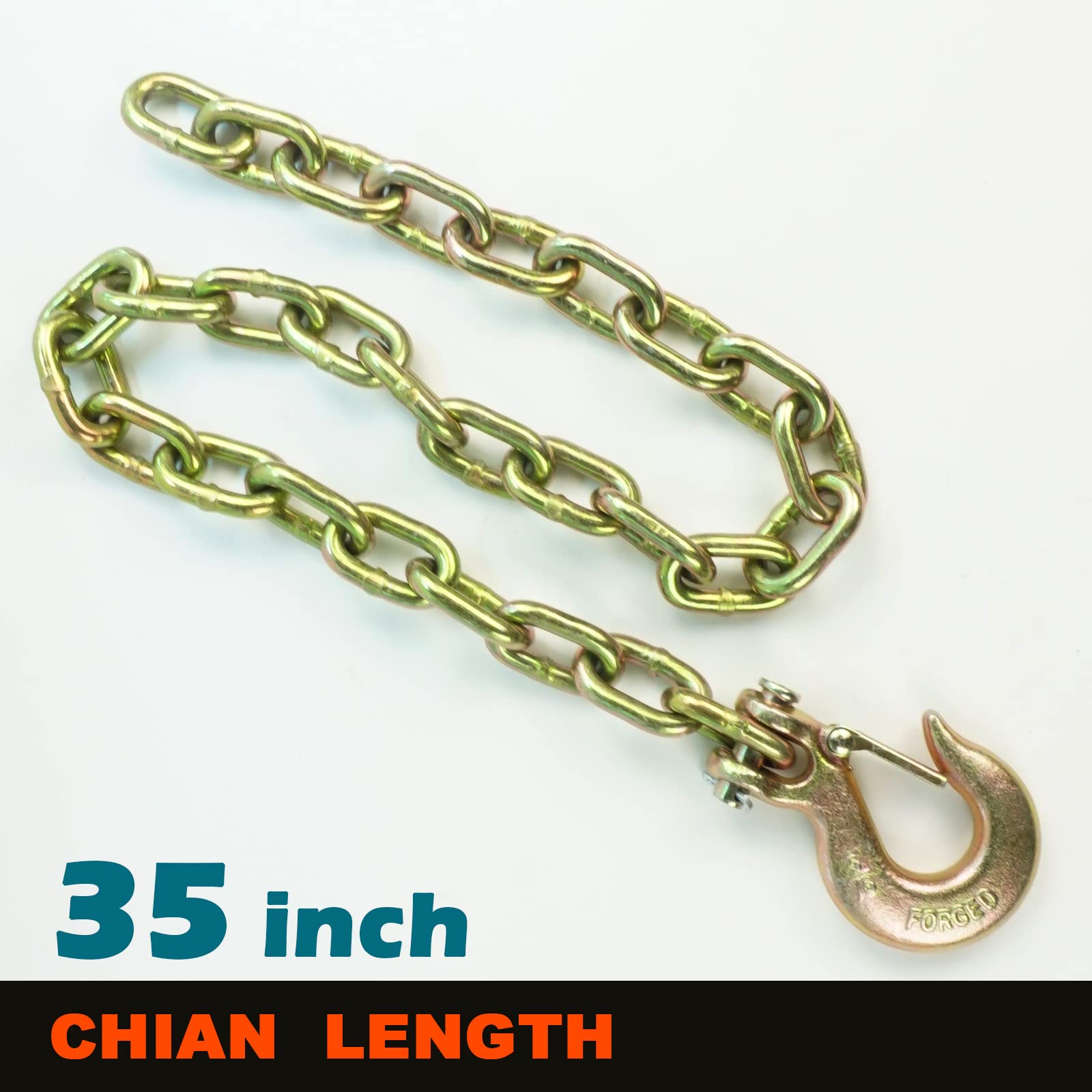 Cadena de seguridad de 5/16 x 35 pulgadas, gancho de aleación de acero de grado 70, tensión de trabajo de forja de 4 libras, tensión de rotura de 18 libras