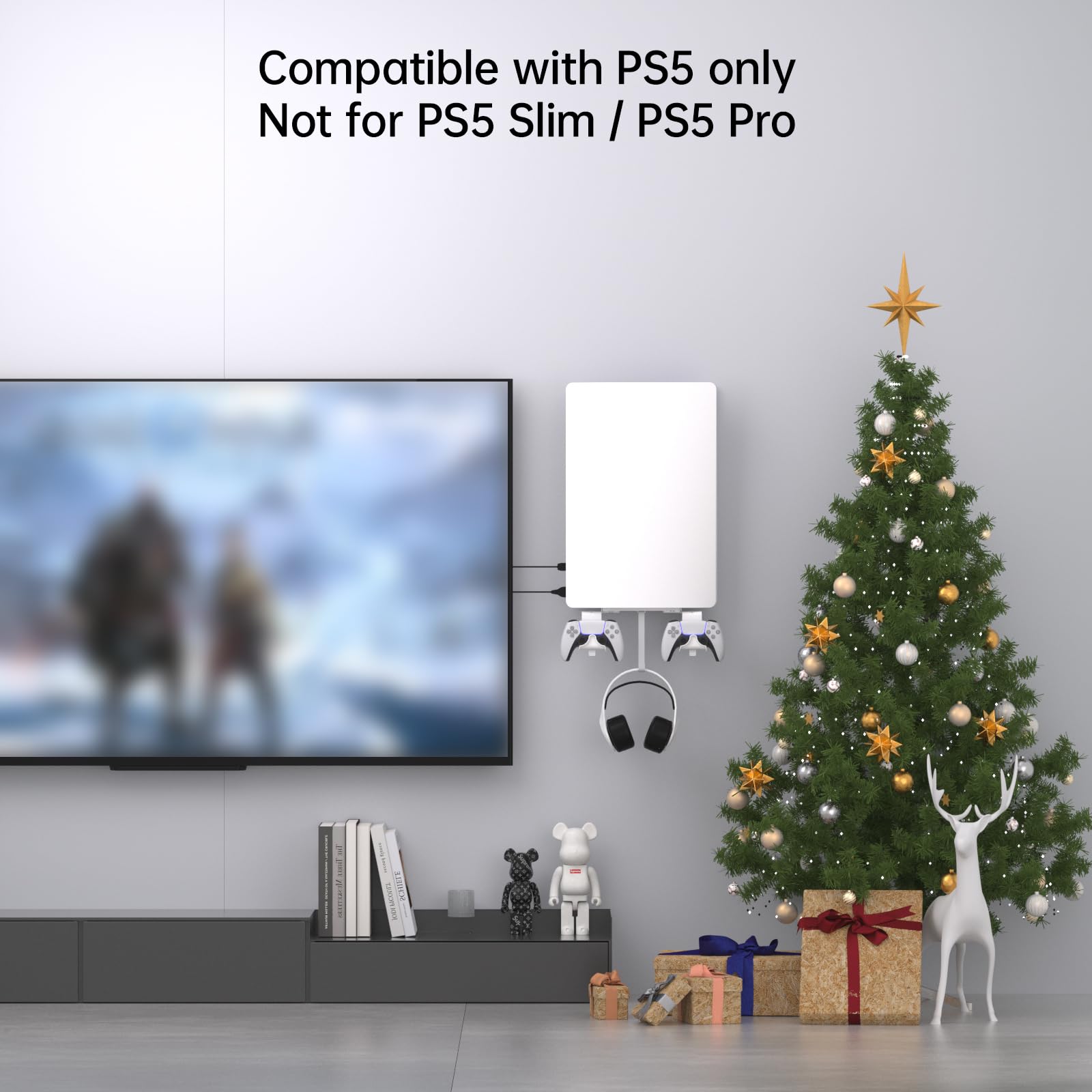 Hosanwell Wandhalterung für PS5 - Halterung Wand für Playstation 5 Konsole mit Controller Halter und Kopfhörerhalter - Massives Metall Zubehör - Platzsparend, Nicht für Slim und Pro, Weiß