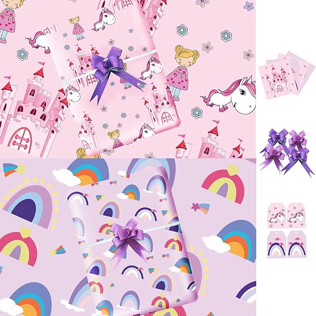 Girls Wrapping Paper Birthday 85 * 60cm,4 Floded Pink Wrapping Paper with Gift Wrap Set 4 Bows,4 Cards,4 Tags,80gram Art Paper,Unicorn Wrapping Paper,Rainbow Wrapping Paper