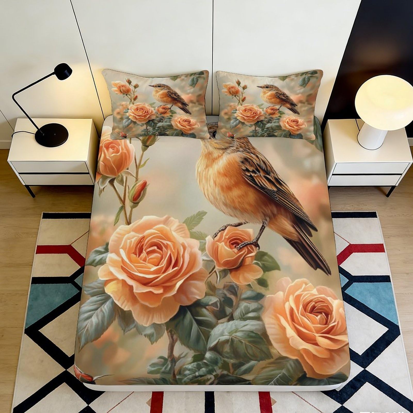 3D Printed Romantic Rose Bird Fitted Sheet Microfiber Deep Pocket Full Wrap Bedroom Bedding Rose Bird Mattress Fitted Cover Washable for Home 200x200x25cm 90x200x25cm