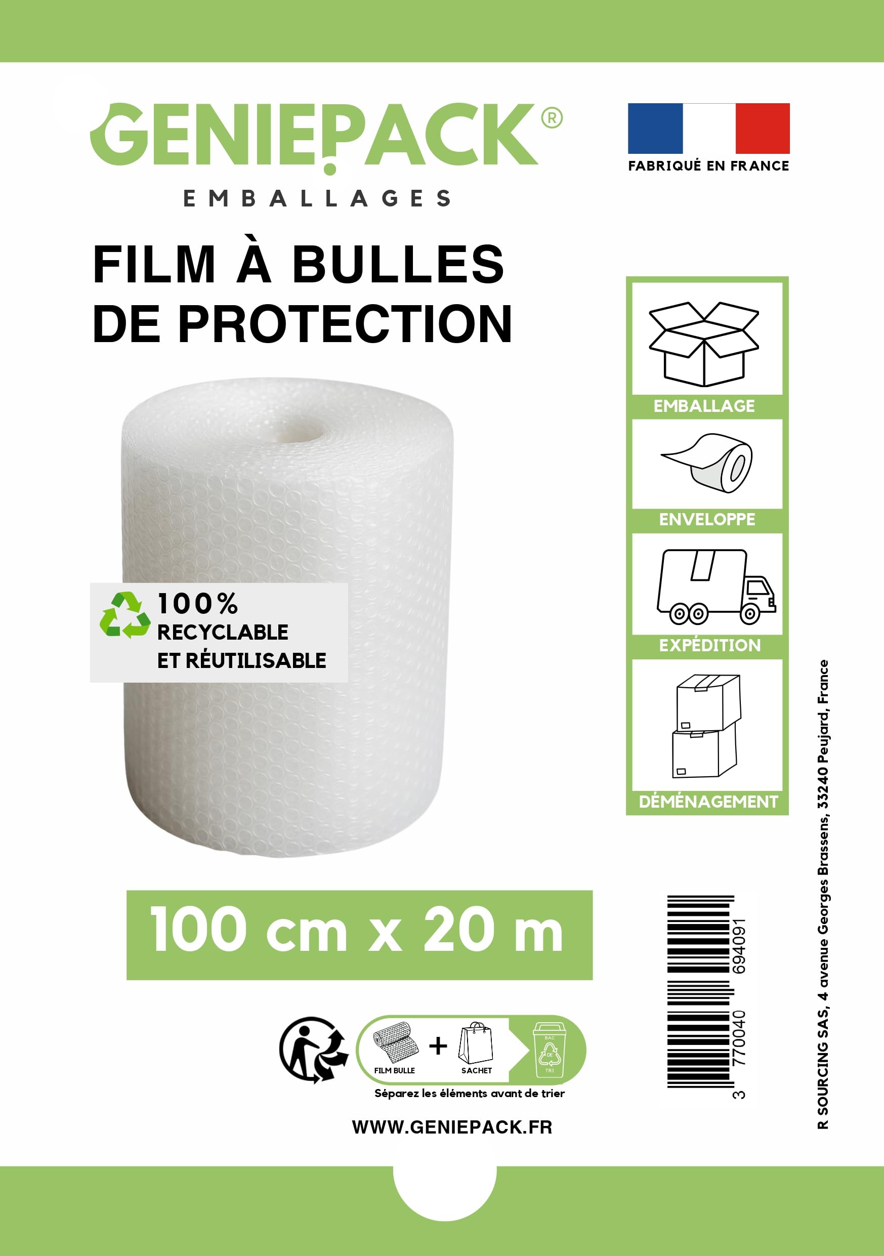 Film à Bulles Professionnel 100 cm x 20 m 60 Microns Bulles 10mm Protection Emballage Antichoc