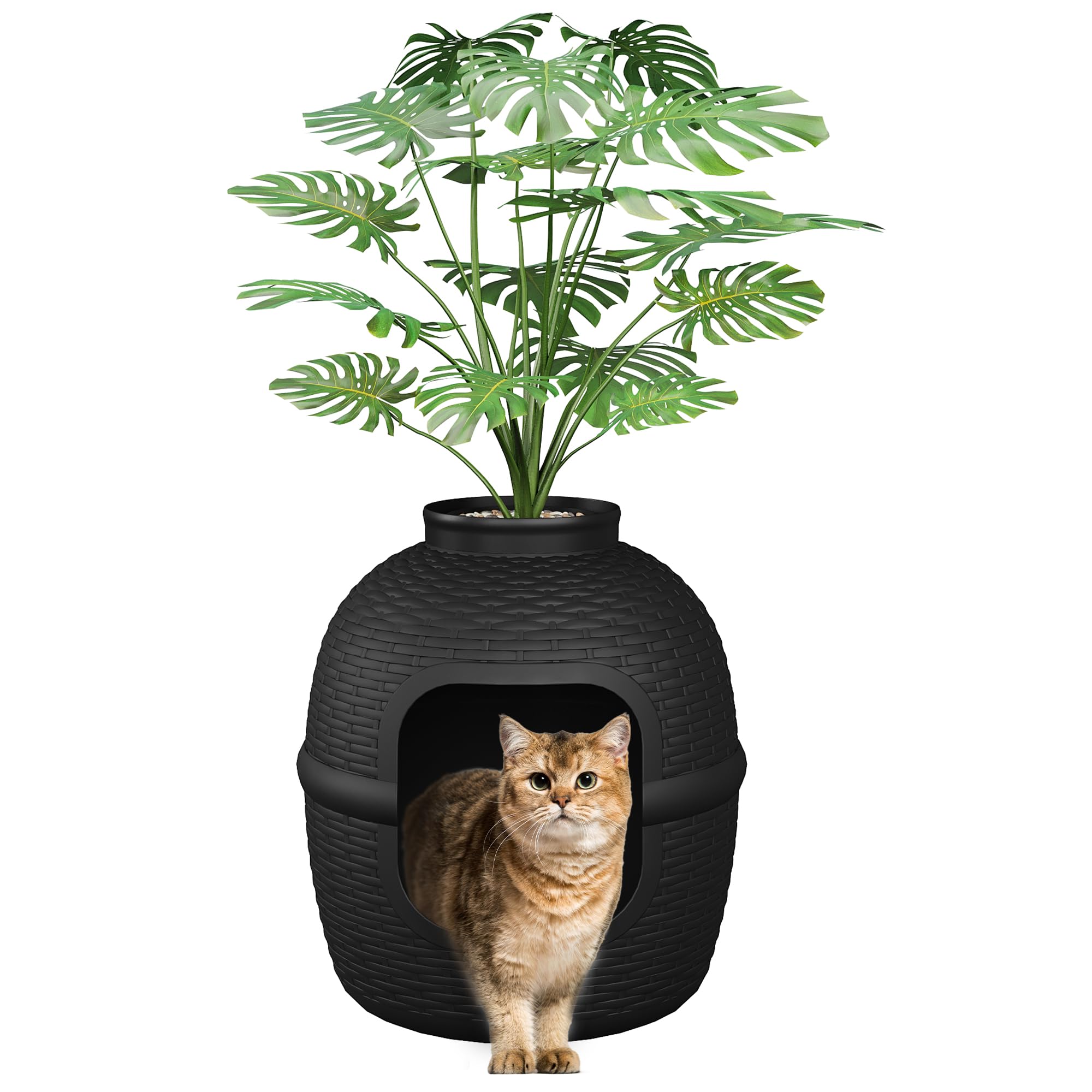 SUNVIVI Caja de arena para gatos con planta sintética y cuchara, bandeja de arena oculta con control de olores y filtro de carbono en sala de estar, dormitorio, esquina, color negro