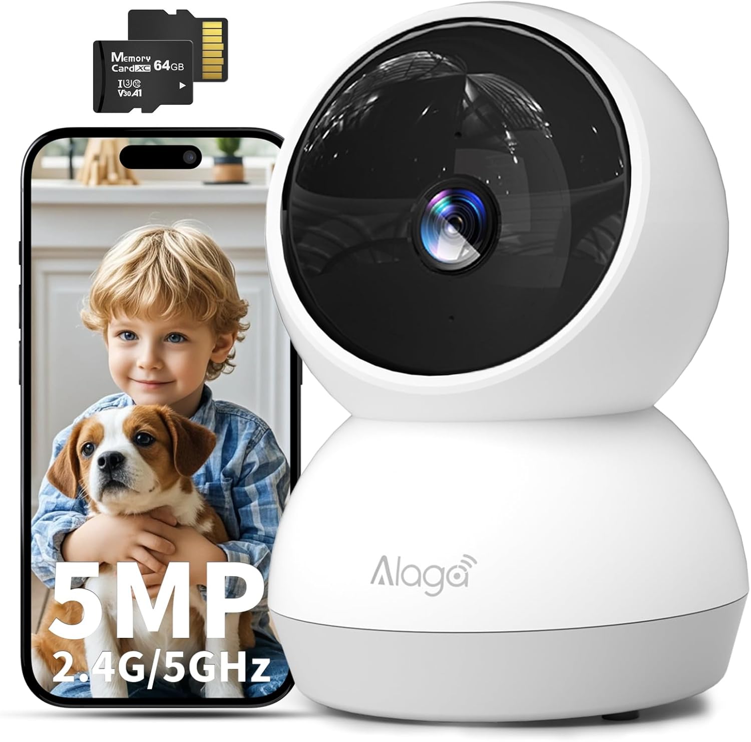 Alaga Cámara Interior 2K, Detección de Personas/Mascotas AI, WiFi 2.4/5GHz, Giratorio 360°, Visión Nocturna, Audio Bidireccional, Alexa/Google, con Tarjeta TF de 64GB Incluida