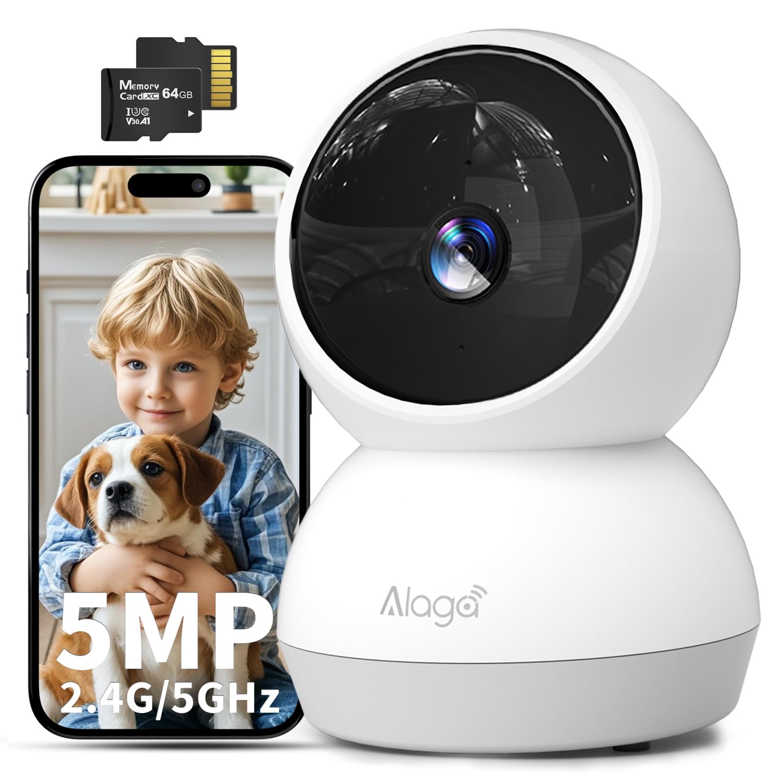 Alaga Caméra de Surveillance Intérieure 2K, Détection AI Humain & Animal, WiFi 2.4/5GHz, Rotation 360°, Vision Nocturne, Audio Bidirectionnel, Alexa & Google, Carte TF 64Go
