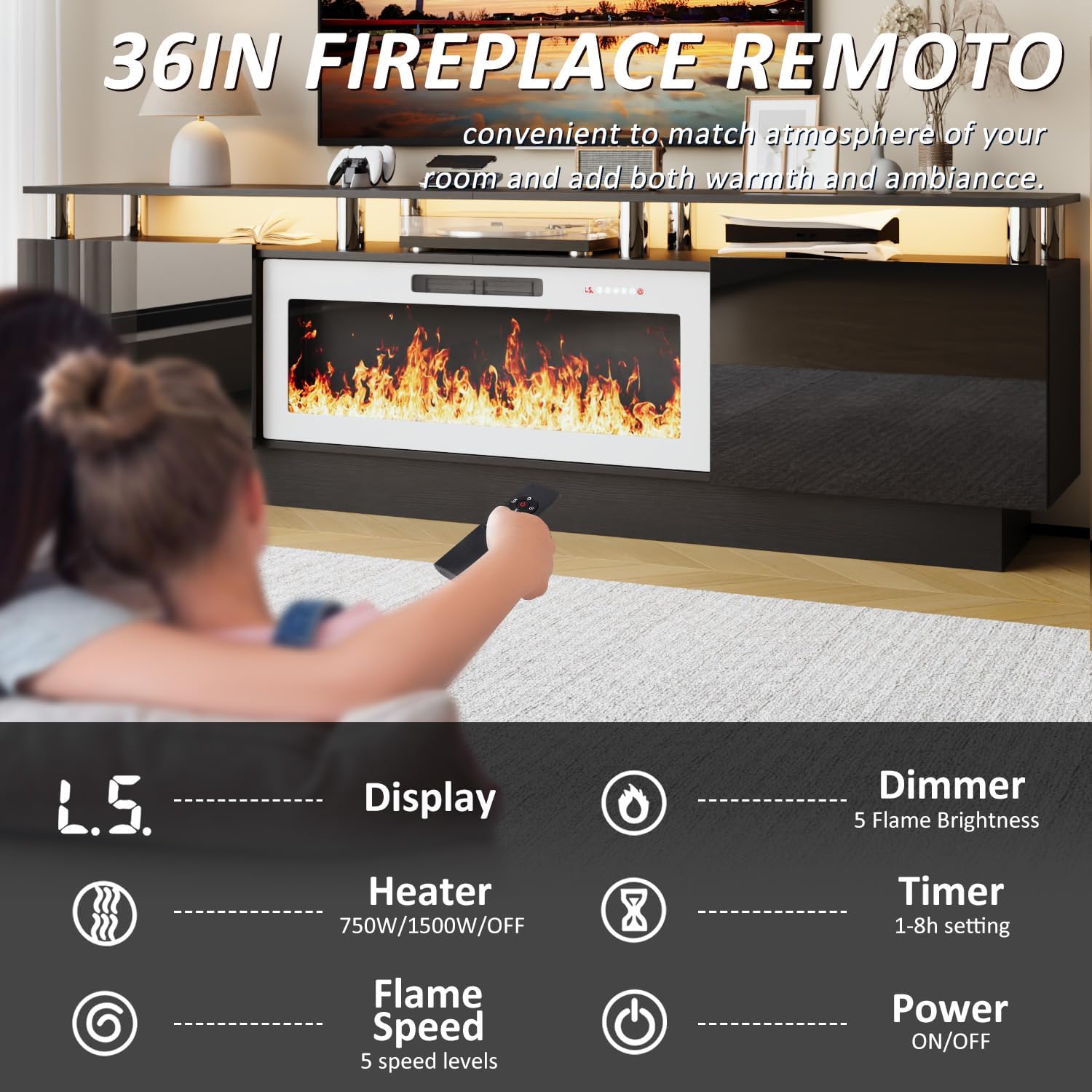 Image showing the remote control for the 36-inch electric fireplace and its various functions, including display, heater, flame speed, dimmer, timer, and power.