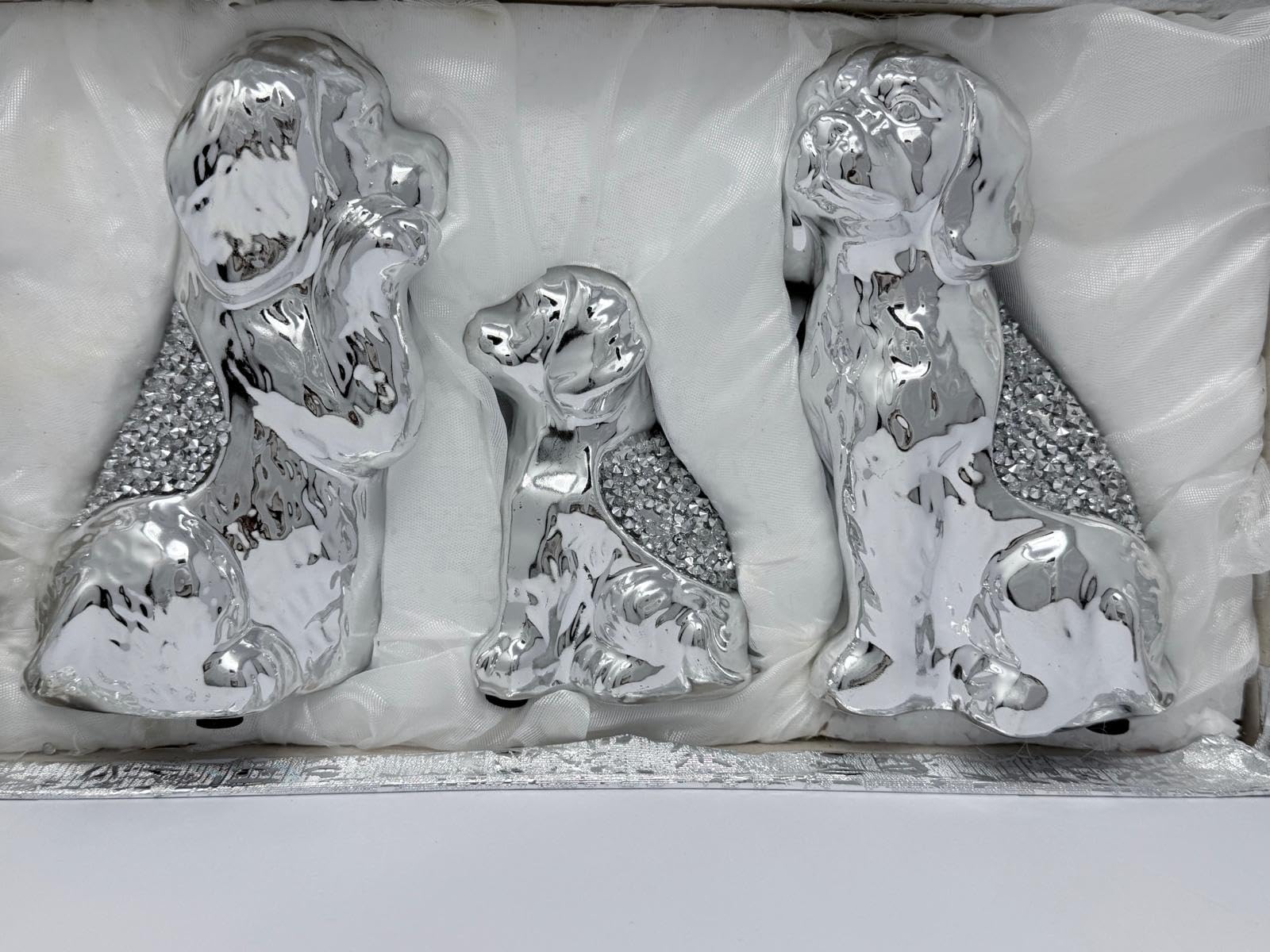 Jayogla Silver Dog Figurines With Crushed Diamond Accents, Set Of 3, 2 Large Dogs And 1 Puppy, Home Decor Ornament