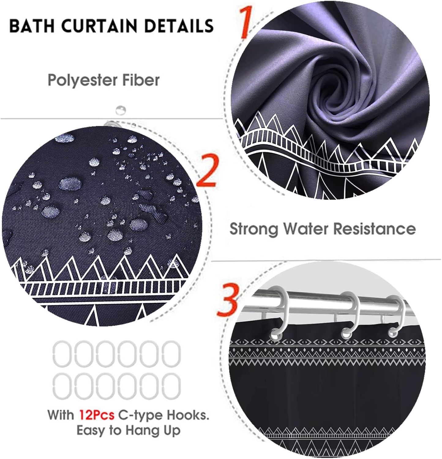 DDQQ 4Pcs Black Boho Shower Curtain Set with Rugs, Modern Abstract Geometric Bathroom Decor Set with Accessories, Vintage Stripes Bohemian Waterproof Shower Curtain for Bathtub Decor : Home & Kitchen