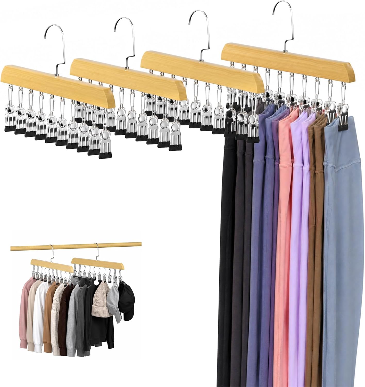4 Pack Natural Wooden Leggings Hangers with 10 Clips