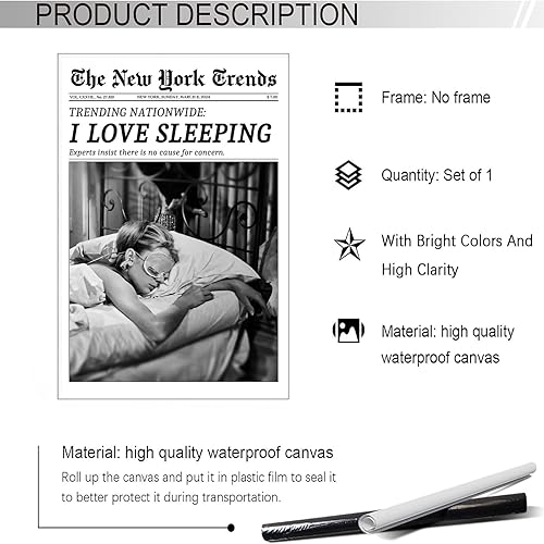 Miniatura 2 de Lienzo de periódico vintage en blanco y negro con texto en inglés "I Love Sleeping Posters Retro New York Times", impresiones de revistas