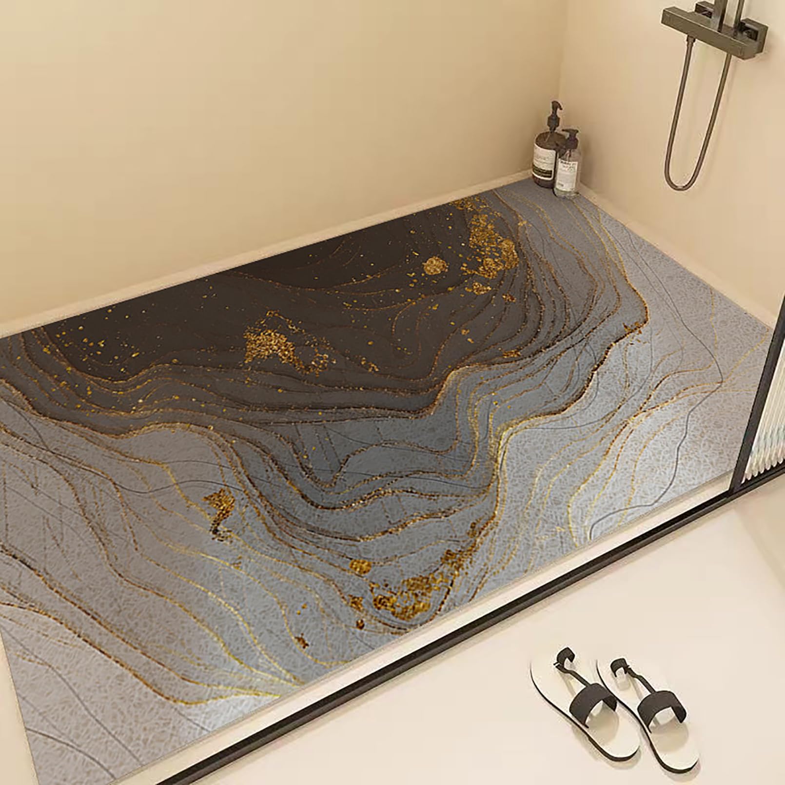 Alfombrilla de ducha antideslizante de PVC con patrón de mármol | Alfombrillas de ducha suaves y cómodas para ducha interior, alfombrilla de baño de goma, cortada a medida, alta permeabilidad