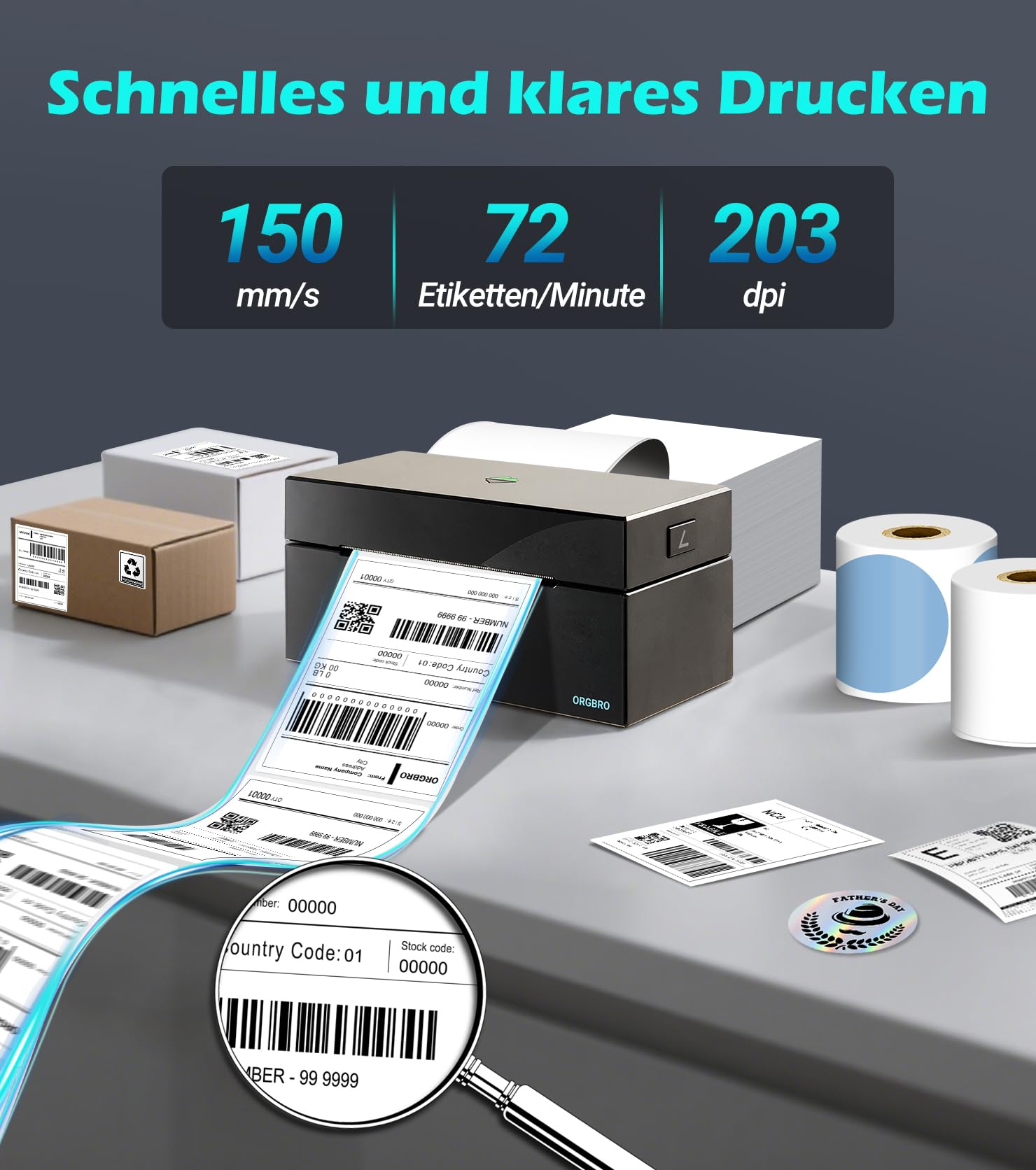 ORGBRO Bluetooth Etikettendrucker Z1 Plus DHL Thermodrucker Etikettiergerät 4x6 Versandetiketten Drucker Labeldrucker für Barcode, Adresse, Kompatibel mit Amazon, Etsy, Shopify, Schwarz