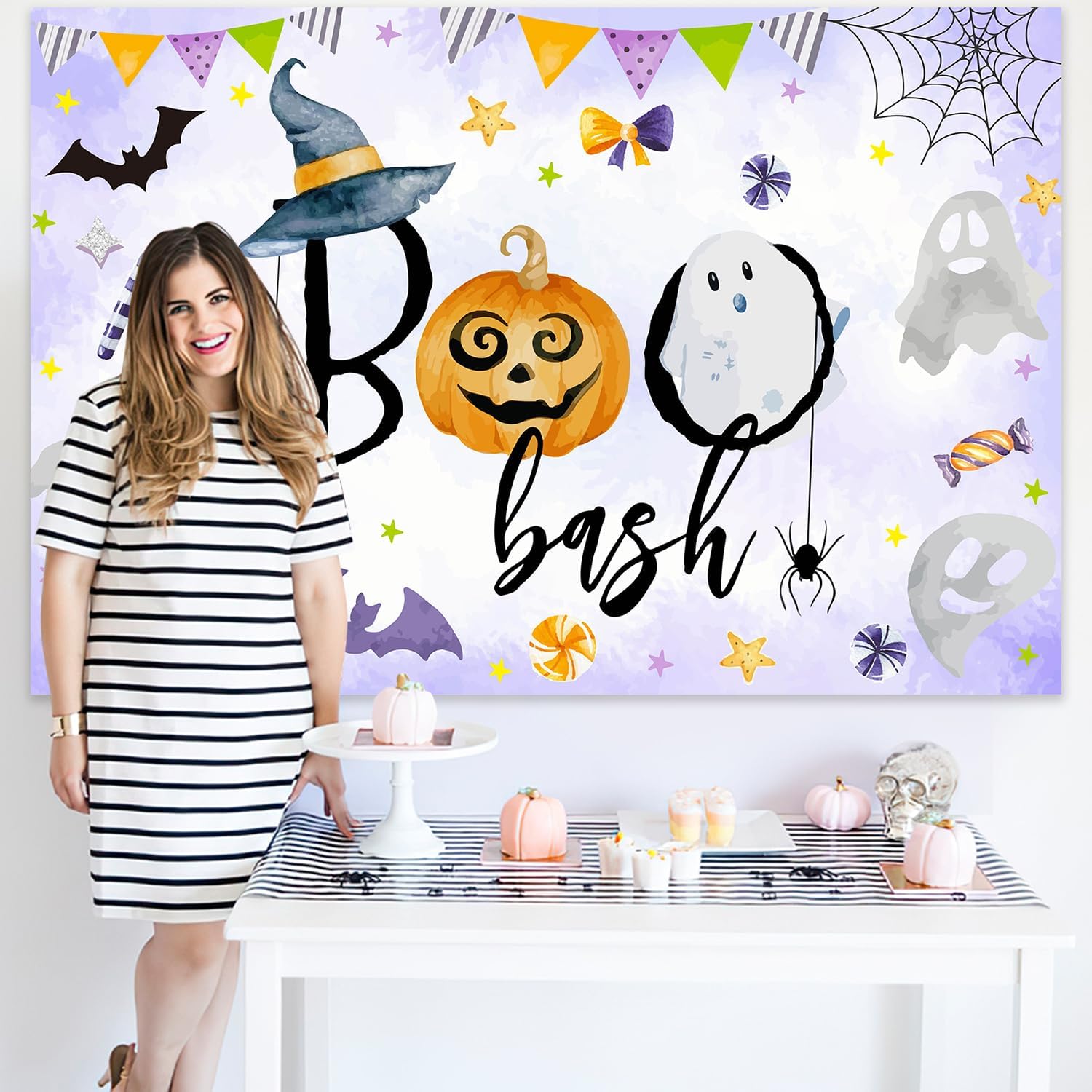Halloween Boo Bash Backdrop Spooky Halloween Decorations Boo Photography Background Pumpkin Ghost Bat Purple Backdrop for Baby Shower Birthday Halloween Party Decor Supplies 5x3ft