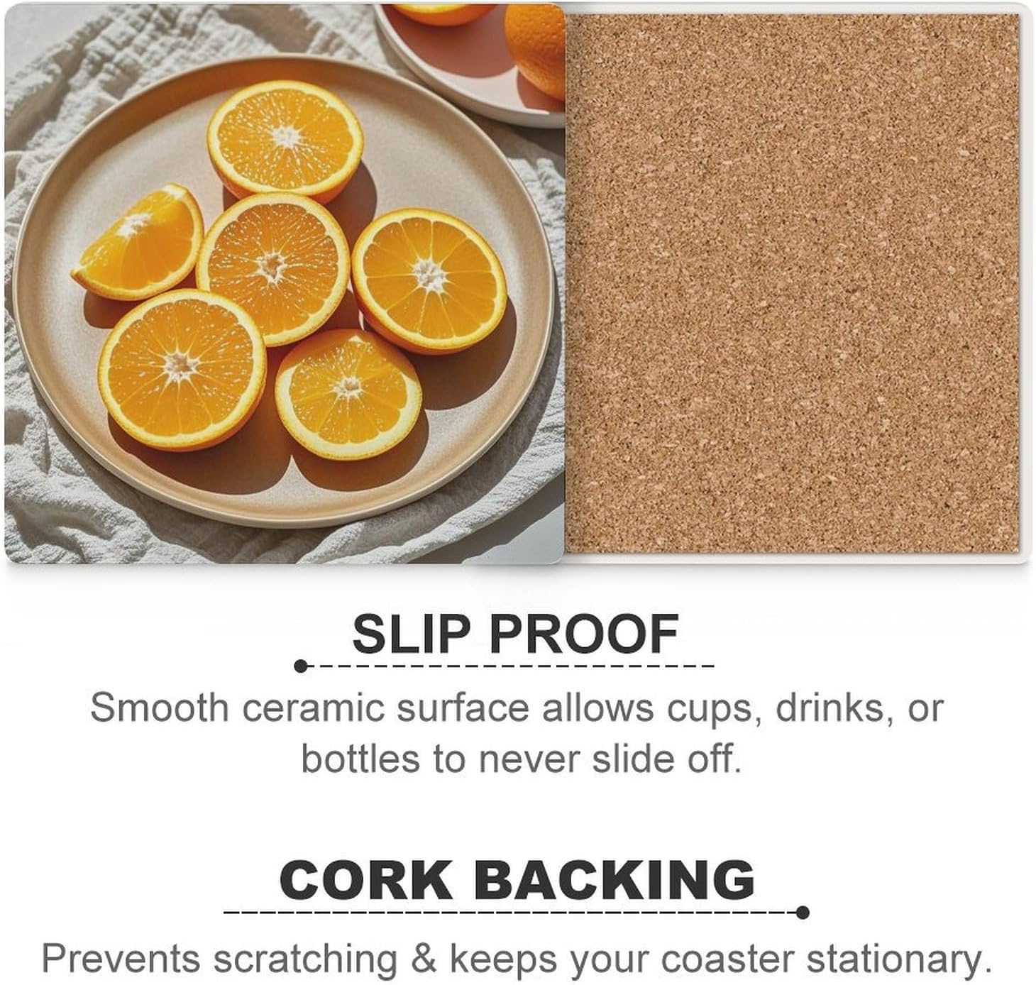 Orange Slices Coasters Absorbent Ceramic Coasters for Drinks Coaster with Cork Backing for Table Protection Square Drink Cup Mat Modern Style Coaster for Coffee Table