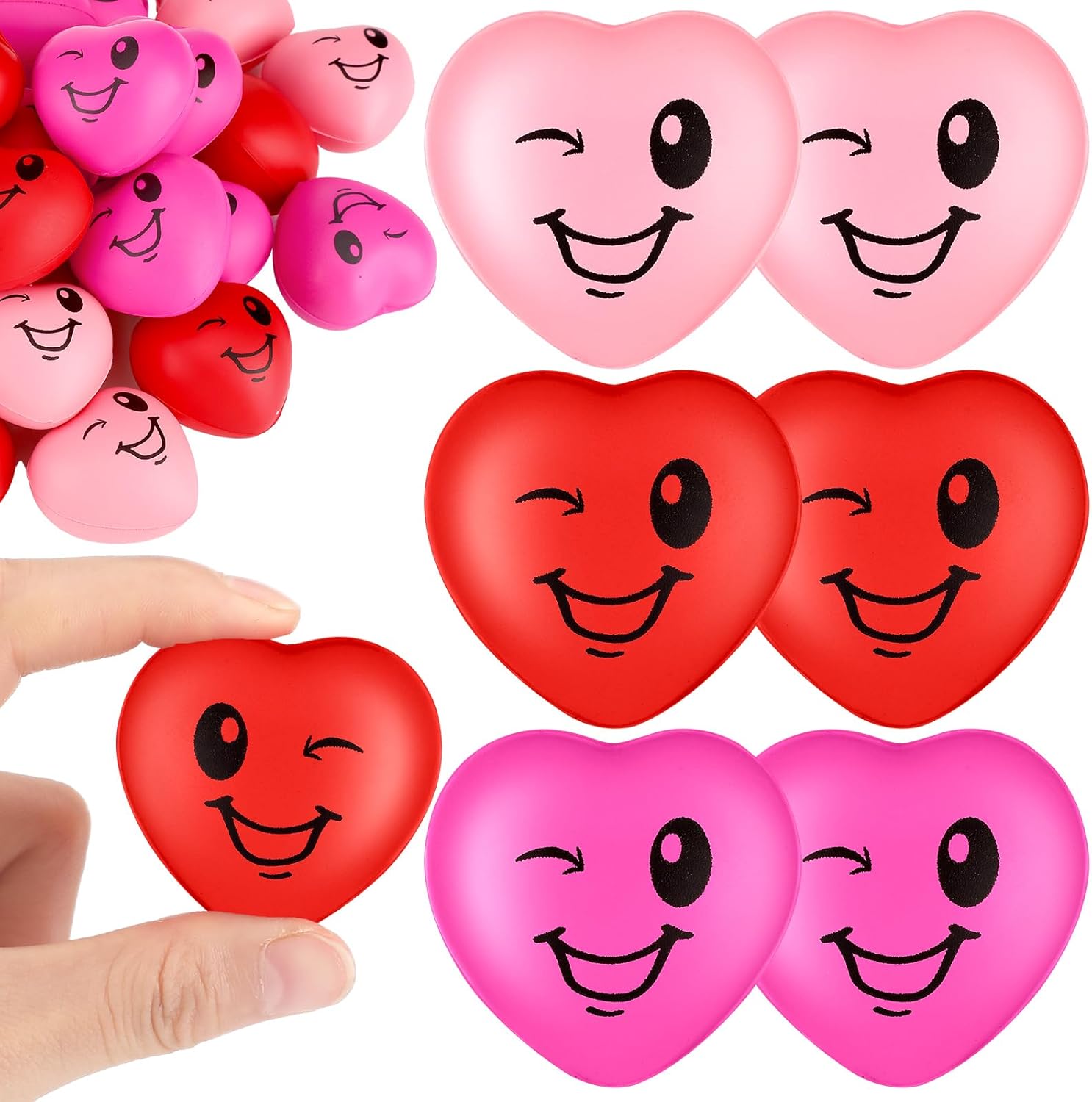 60 Pcs Valentine's Day Heart Stress Balls Bulk Mini 1.6" Smile Face Squeeze Foam Relief Heart Shaped Stress Ball for Valentine Galentine Party Gifts Bag Fillers Adults Carnival Reward, 3 Colors