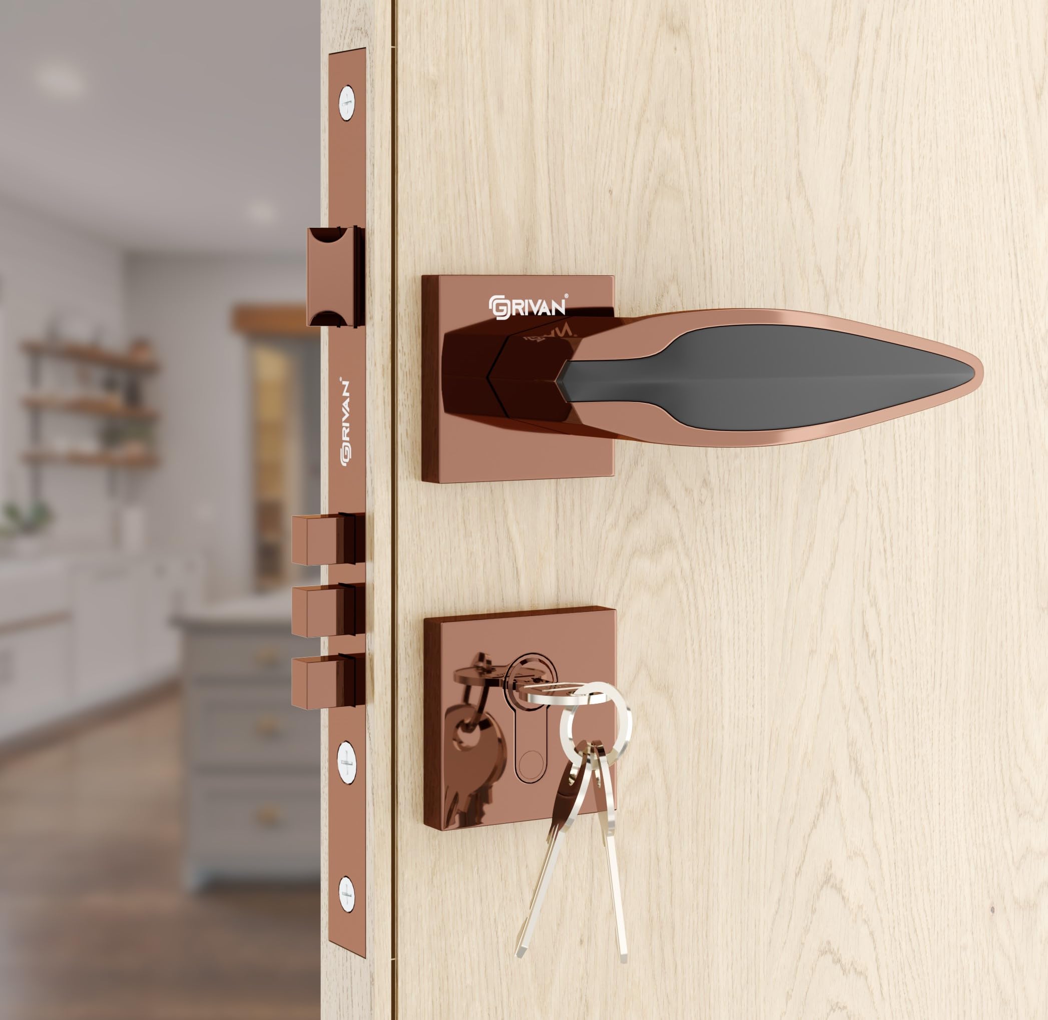 GRIVAN Modern Door Locks for Main Door, Mortise Door Lock Set with 3 Brass Keys, Bedroom Door Lock, Handle Lock for Home/Office/Hotel (Rose Gold Finish) | 2 Years Warranty (B0CZDXTRJB) Amazon Price History, Amazon Price Tracker