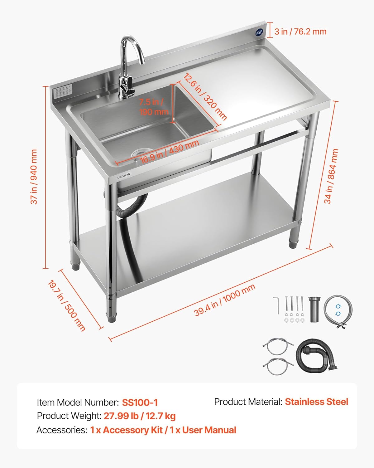 VEVOR Stainless Steel Utility Sink, Free Standing Single Bowl Commercial Kitchen Sink with Faucet, 39.4 x 19.7 x 37 in, Utility Right Basin with Hot & Cold Water Pipe for Garage, Restaurant, Laundry