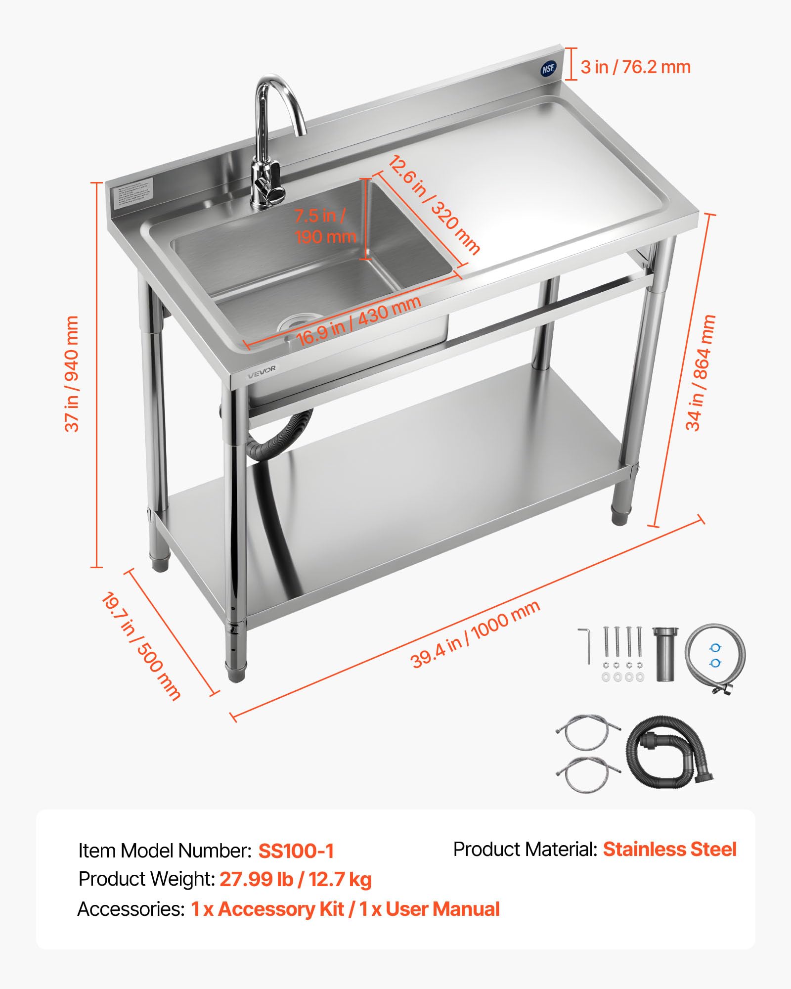 VEVOR Fregadero de Cocina Utilitario de Acero Inoxidable, con Cubeta Izquierda, Incluye Grifo y Tuberías para Agua Fría y Caliente, para Garaje, Restaurante, Lavandería, 100 x 50 x 94 cm, Plata