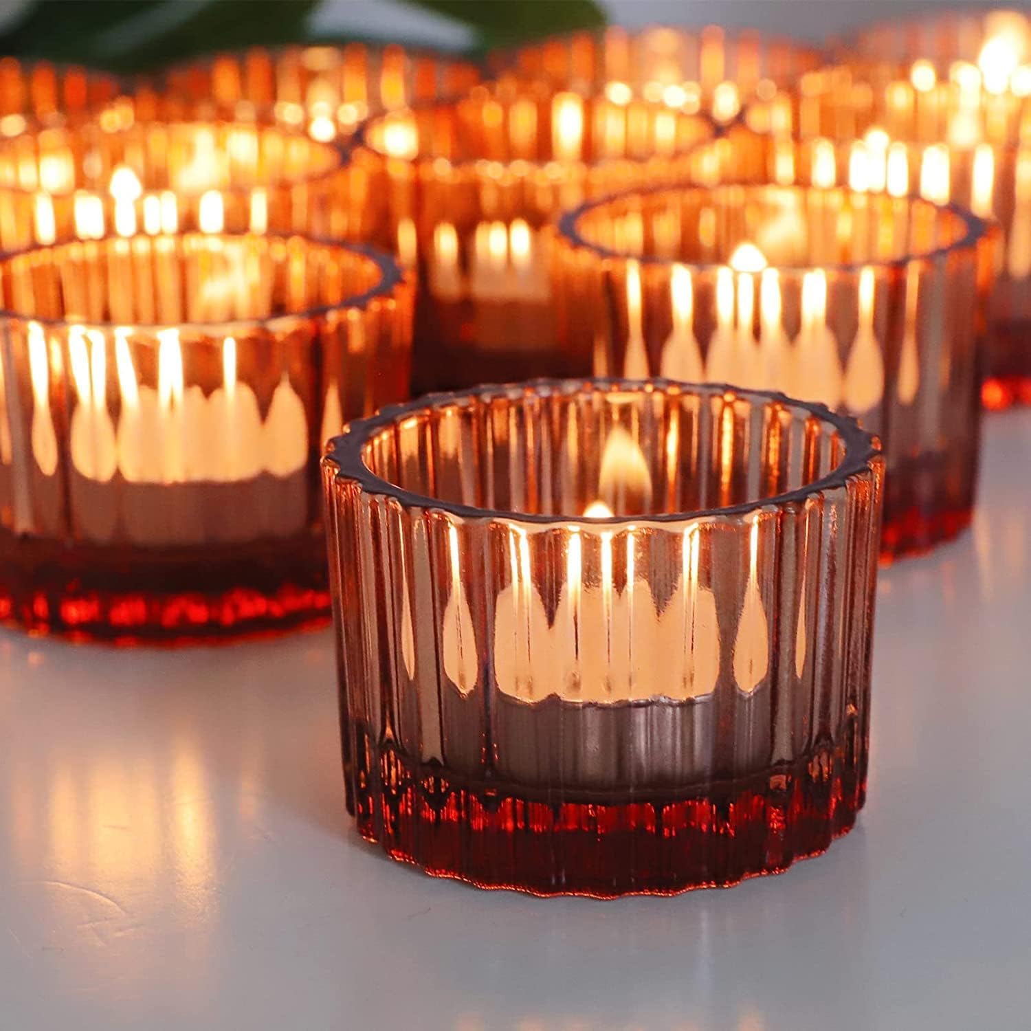 Vohocandle Rose Gold Tea Light Holders set of 12 for Valentines Day Ribbed Tealight Holders Glass for Wedding Cute Votive Candle Holder for Room Decor (3.5cmH *5cmW)