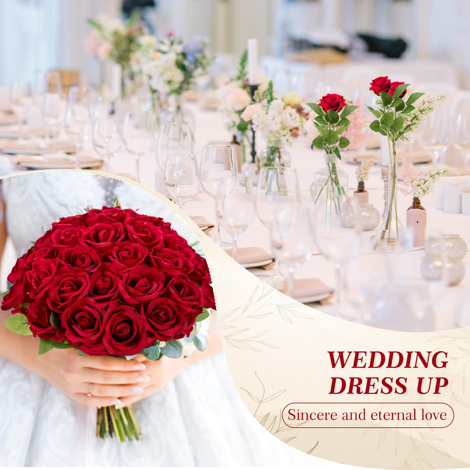 Tigeen 150 rose artificiali sfuse, rose in seta finta, realistiche, a stelo lungo, bouquet di fiori per matrimoni, centrotavola, composizioni floreali, decorazione per la casa e la cucina (rosso