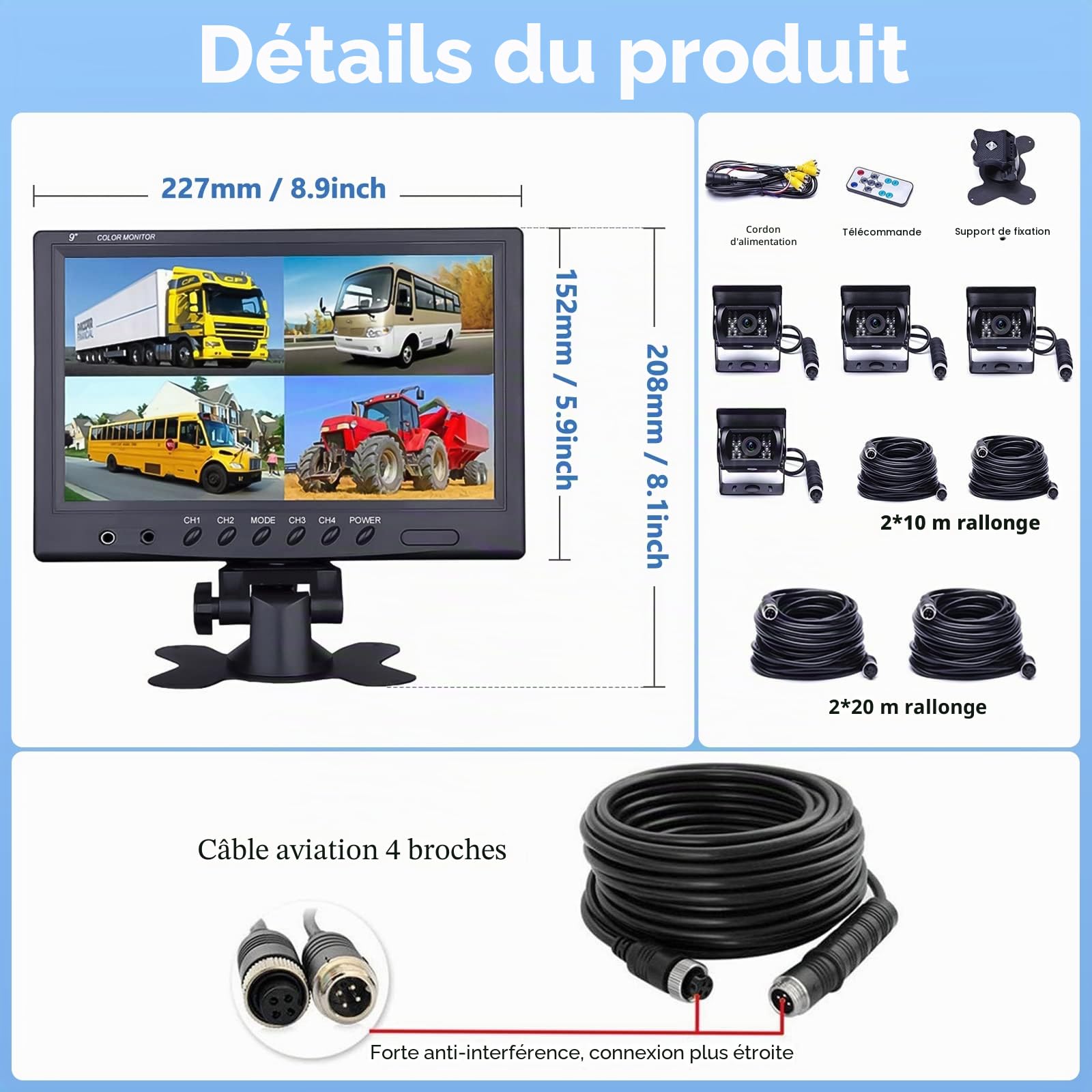 Véhicule Caméra de recul - Camecho 22,9 cm/9 Pouces Moniteur 4 Split Front View, Camera recul Camion 18 IR étanche Vision de Nuit avec 0,6 x 10,1 m et 0,6 x 19,8 m Câbles pour RV, remorque, Bus