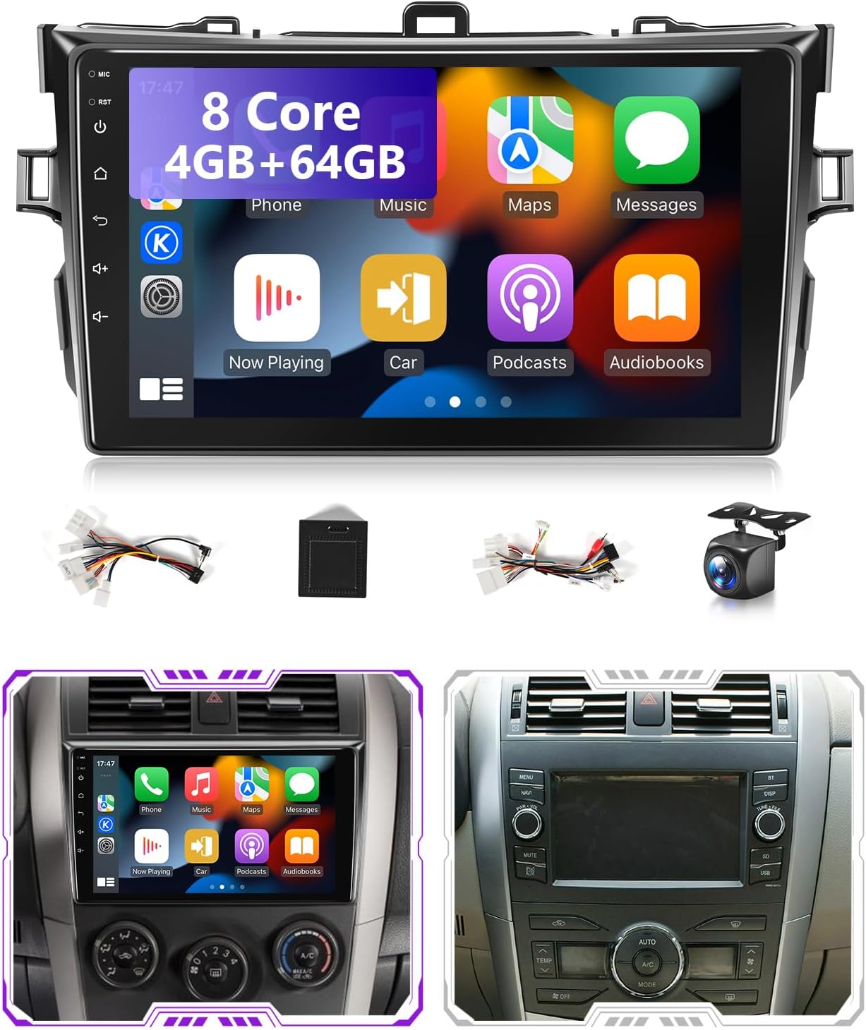 4G+64G Android Car Stereo for Toyota Corolla 2008 2009 2010 2011 2012 2013 Radio Apple CarPlay Support Wireless Android Auto,9" IPS Touch Sreen for Corolla Bluetooth GPS WiFi,SWC,Backup Camera,MIC