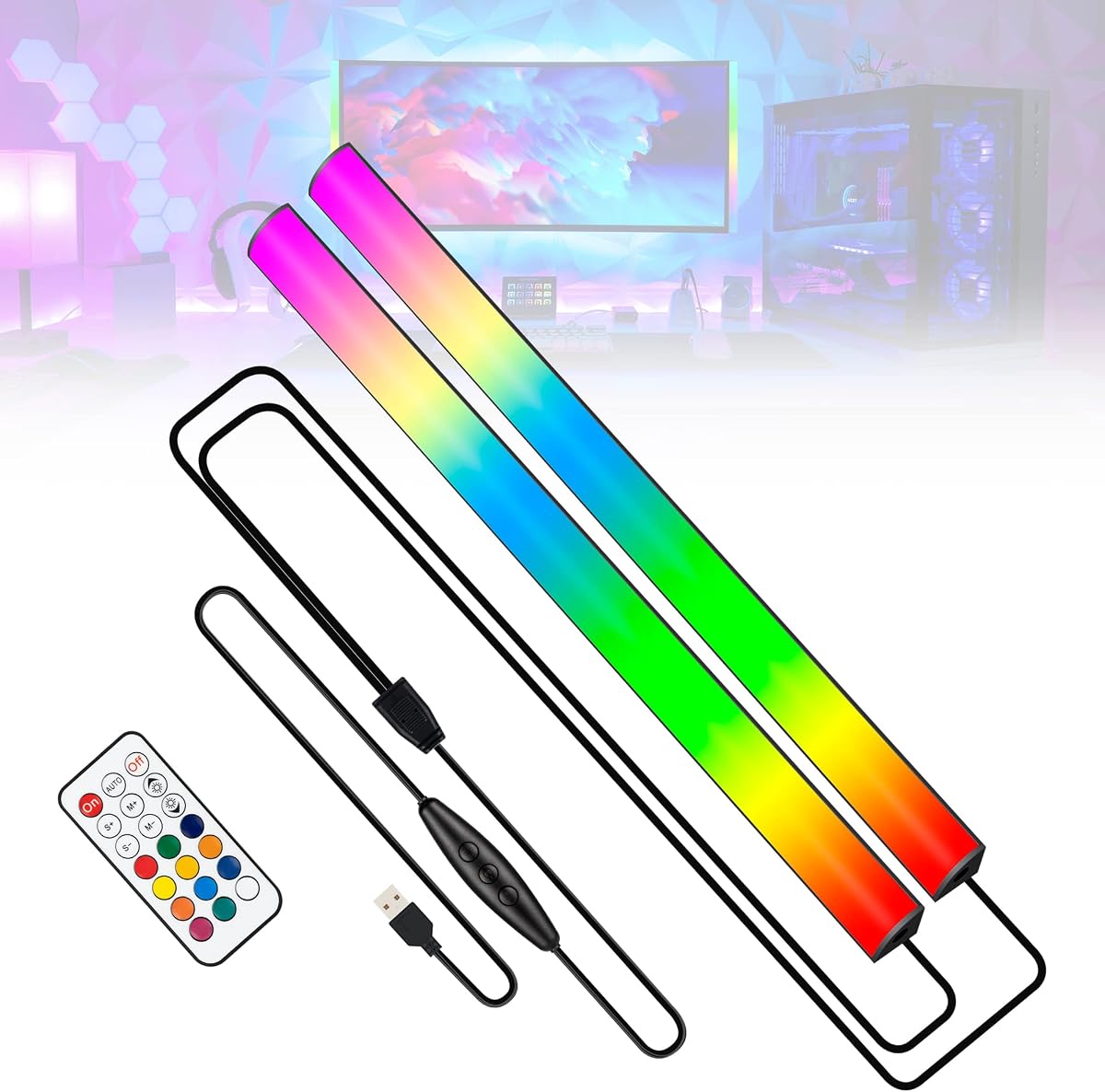 JUSJUBR Luz para debajo del monitor RGB de 2 piezas, luz para juegos con 353 modos de color, luz de escritorio LED con control remoto para configuración de juegos en habitación/monitor/PC