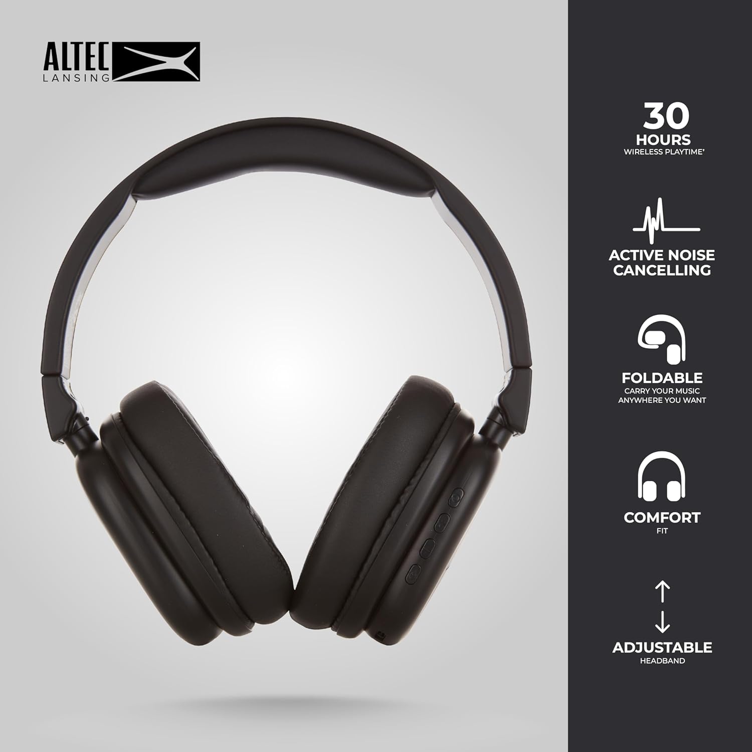 Altec Lansing Nanophones ANC 2.0, Wireless Over Ear Bluetooth Headphones with Noise Cancelling, 30 Hr Battery, Foldable Design, USB-C Charging, Voice Assistant Compatible (Black)