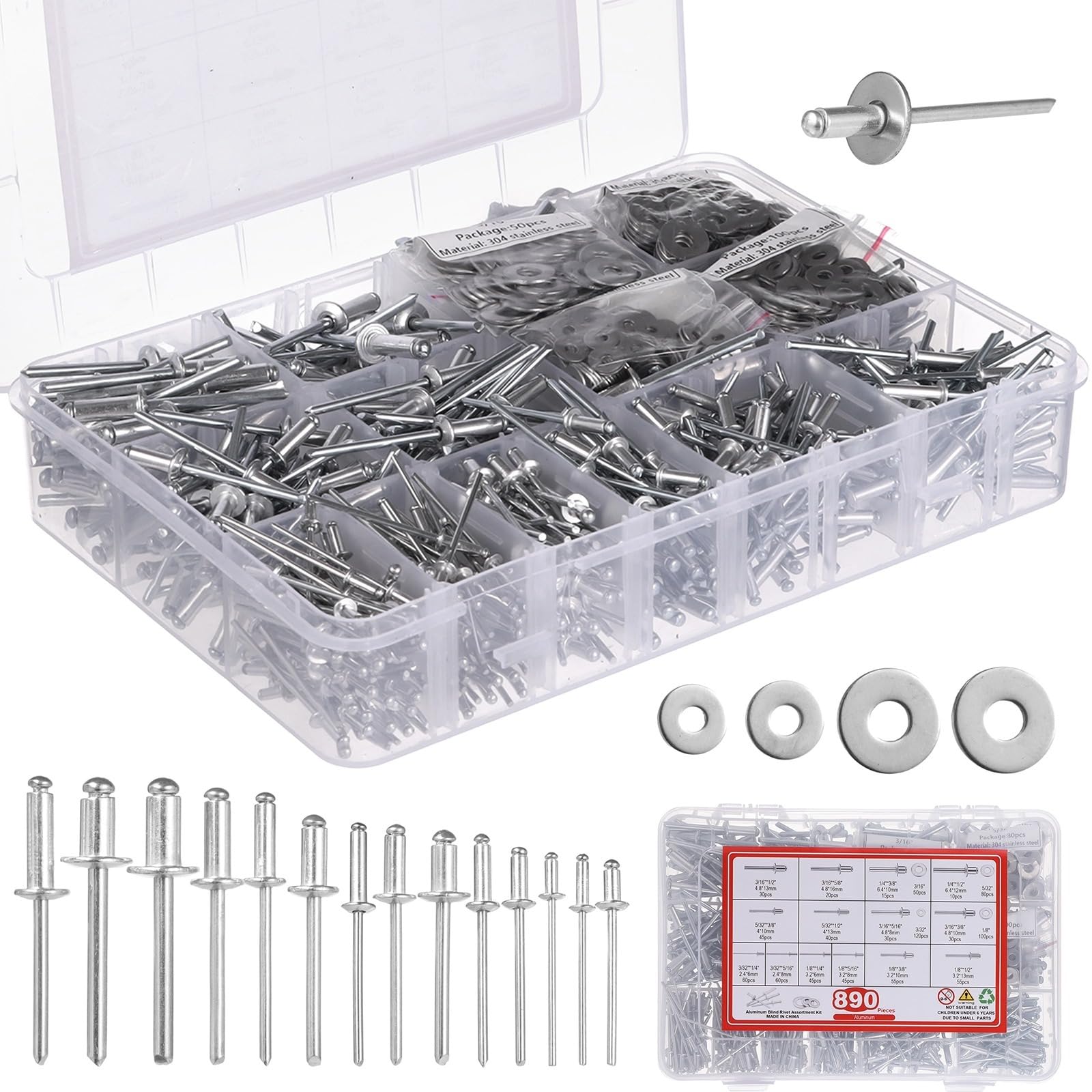 Kit assortito di 890 rivetti pop, rivetti ciechi in alluminio e rondelle piatte in acciaio inossidabile, 14 dimensioni di rivetti, 4 dimensioni rondelle, 1/8", 3/32", 3/16", 5/32", 1/4" per metallo