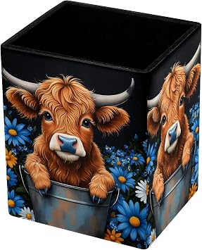 Pen Holder for Desk, Highland Cow Daisy Pencil Holder Pen Organizer, PU Leather Pencil Cup Makeup Brush Holder for Home School Office Supplies