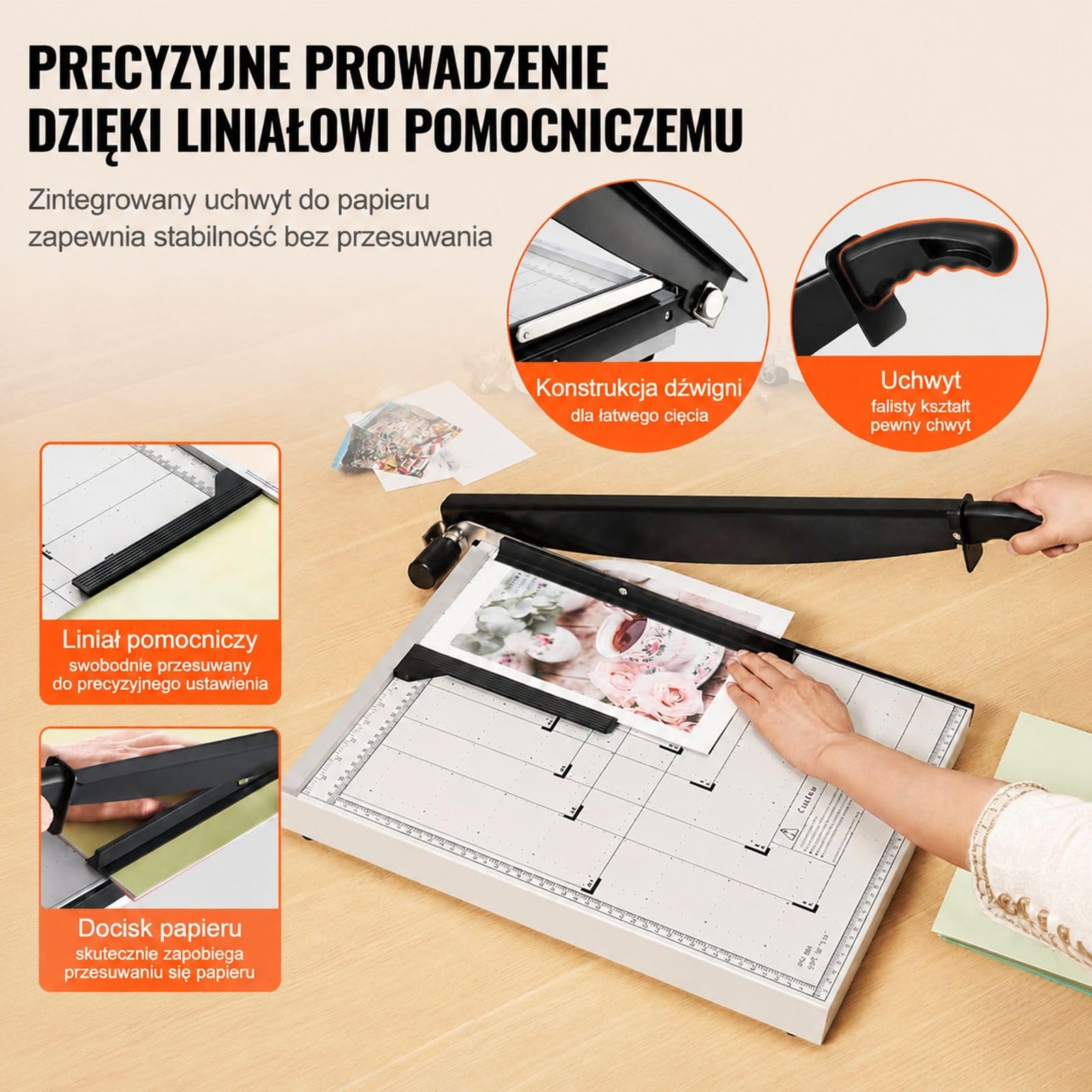 Ręczna gilotyna do papieru z dźwignią, pojemność 20 arkuszy, biało-czarna, szyna ochronna, blokada ostrza, do kartonu