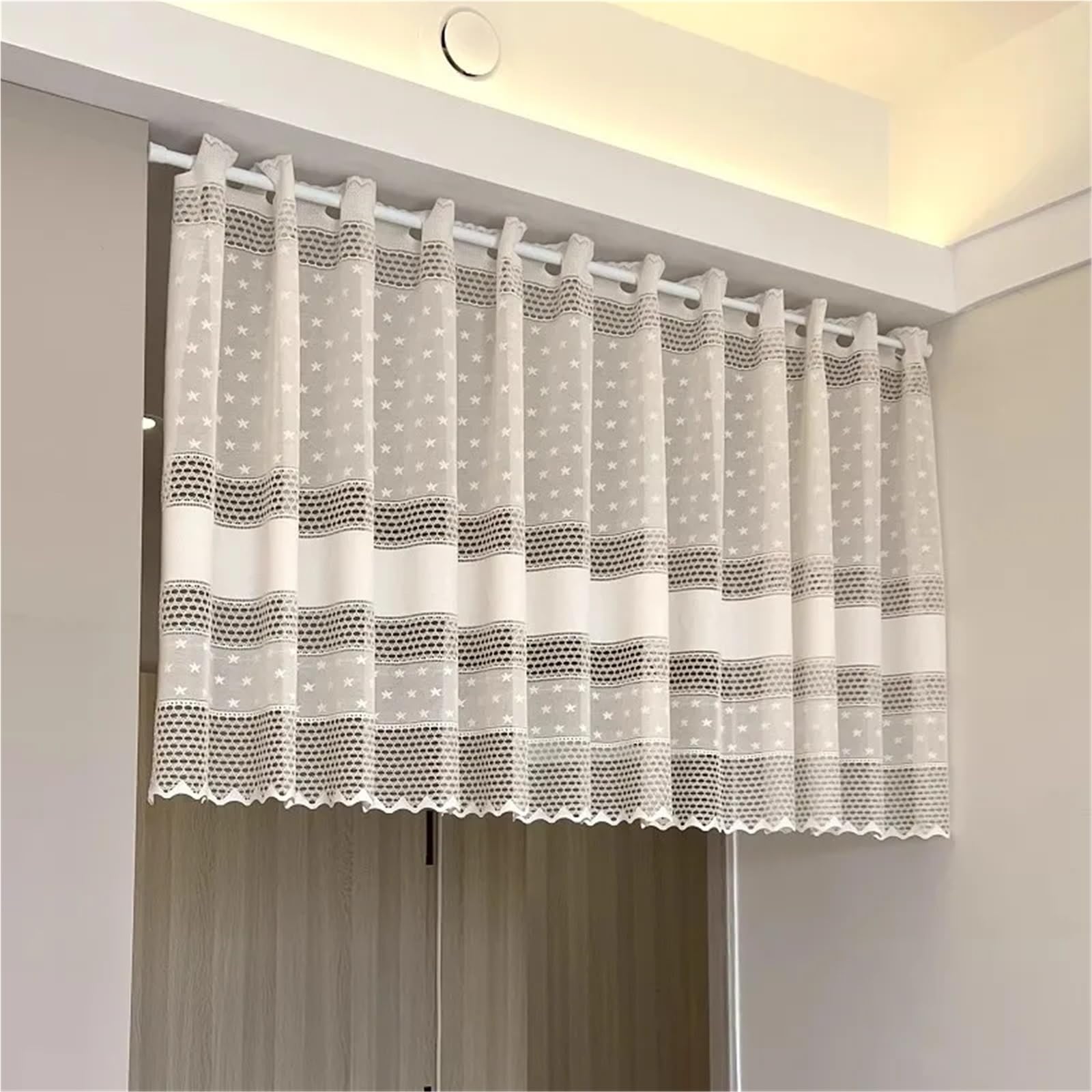 Tende Per Finestre Piccole Tenda da cucina corta beige in tulle for finestra, in pizzo traforato, mezza tenda caffè trasparente for copri-armadietto del soggiorno(W300cm x H60cm)