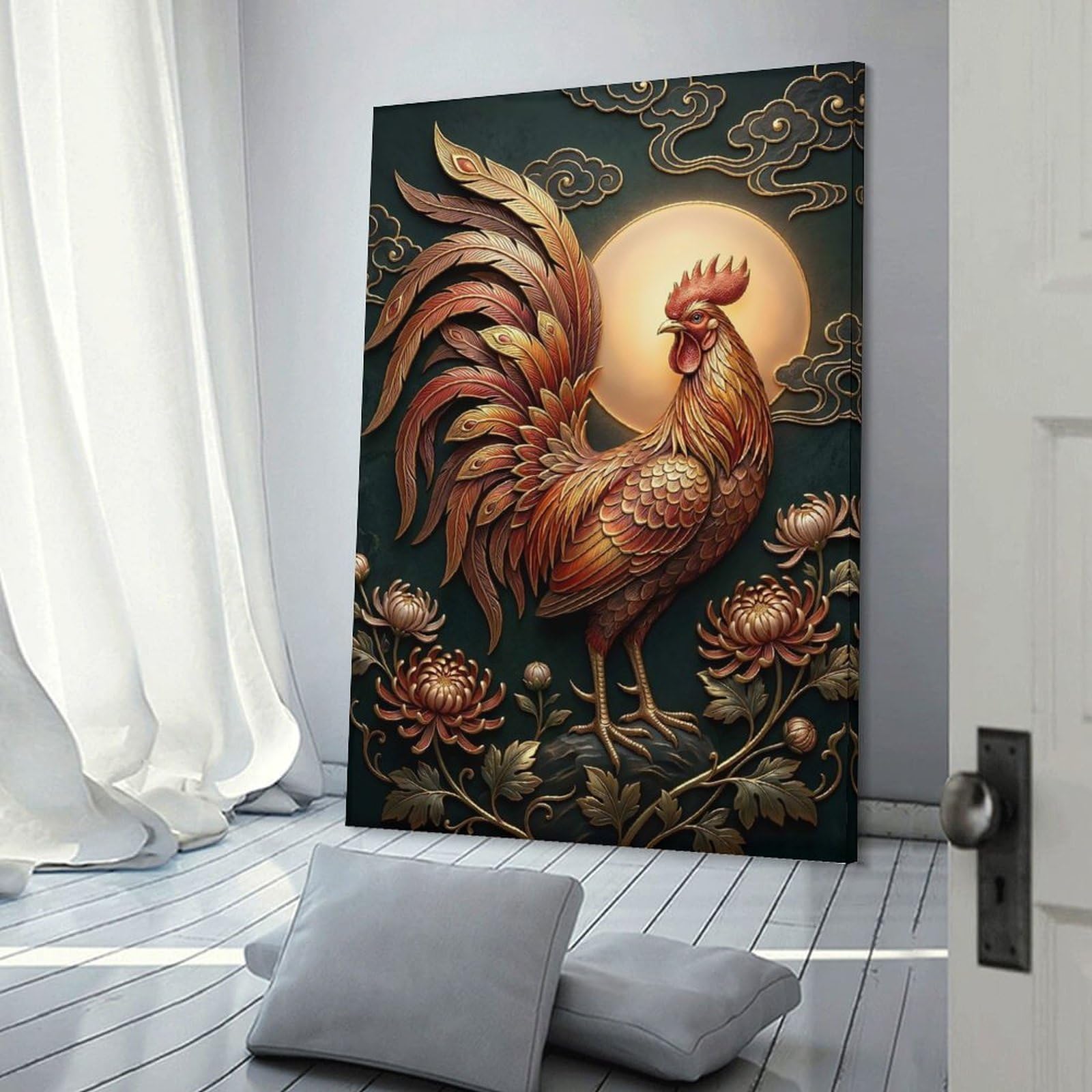 Junmoney Golden Rooster with Moon And Flowers Canvas Art Print, 20x30inch(50x75cm), for Wall Displays, Bedrooms Or Room Updates, Home Wall Art for Statement Displays