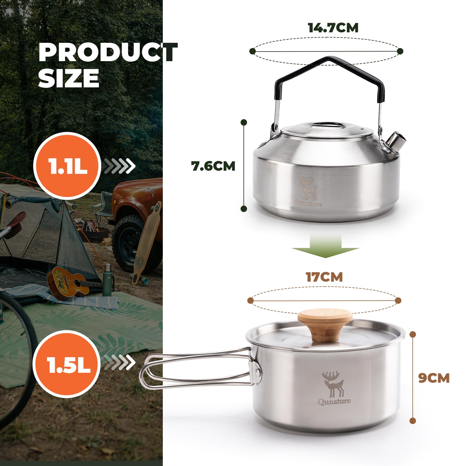 Camping Kochgeschirr Set, Topf 1,5 L und Teekessel 1,1 L | Kompaktes Platzsparend Stapelbar für Camping, Wandern, Outdoor Küche, Edelstahl